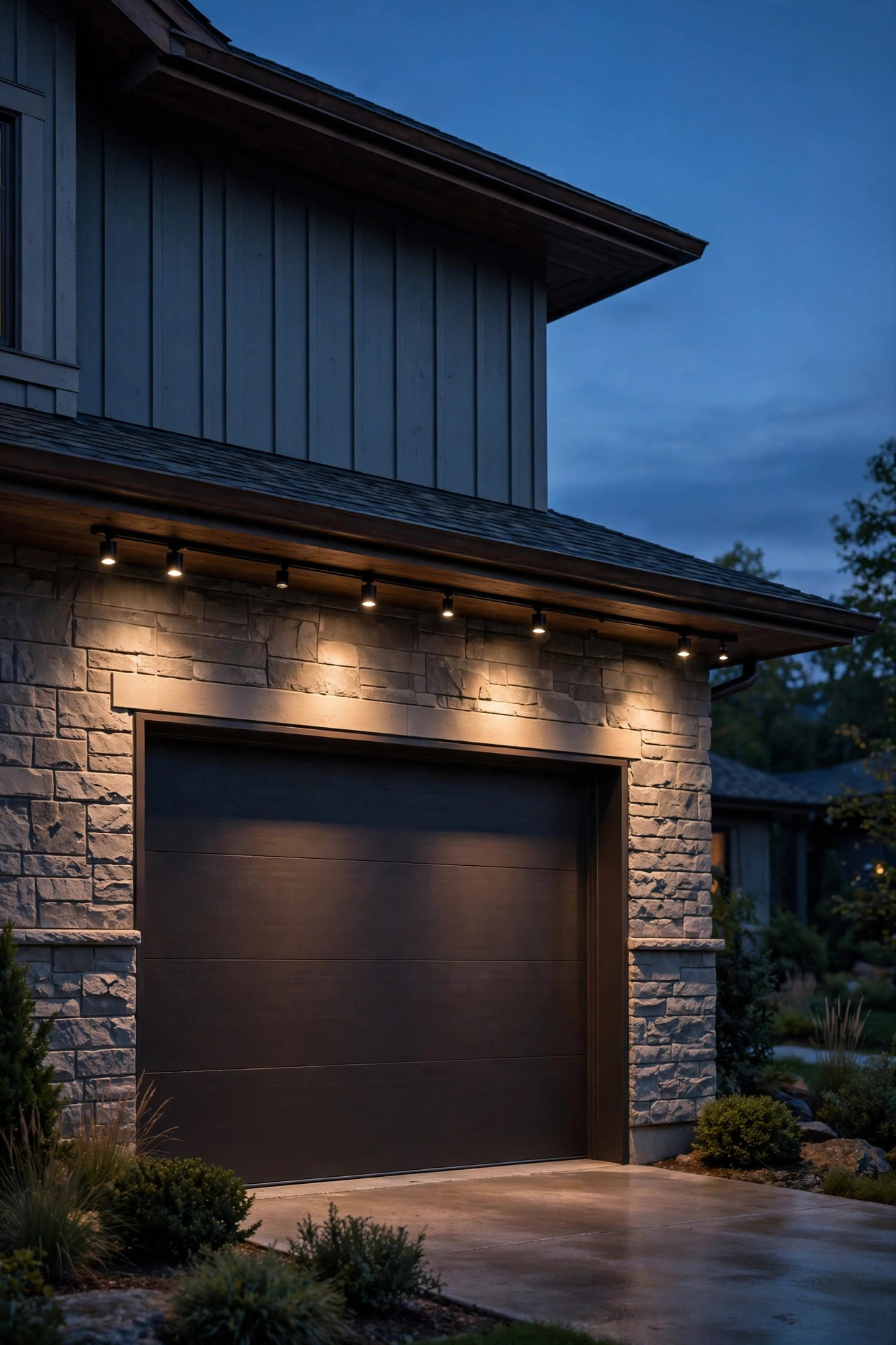 Permanent eave track lighting above a garage casting soft warm white light down the facade