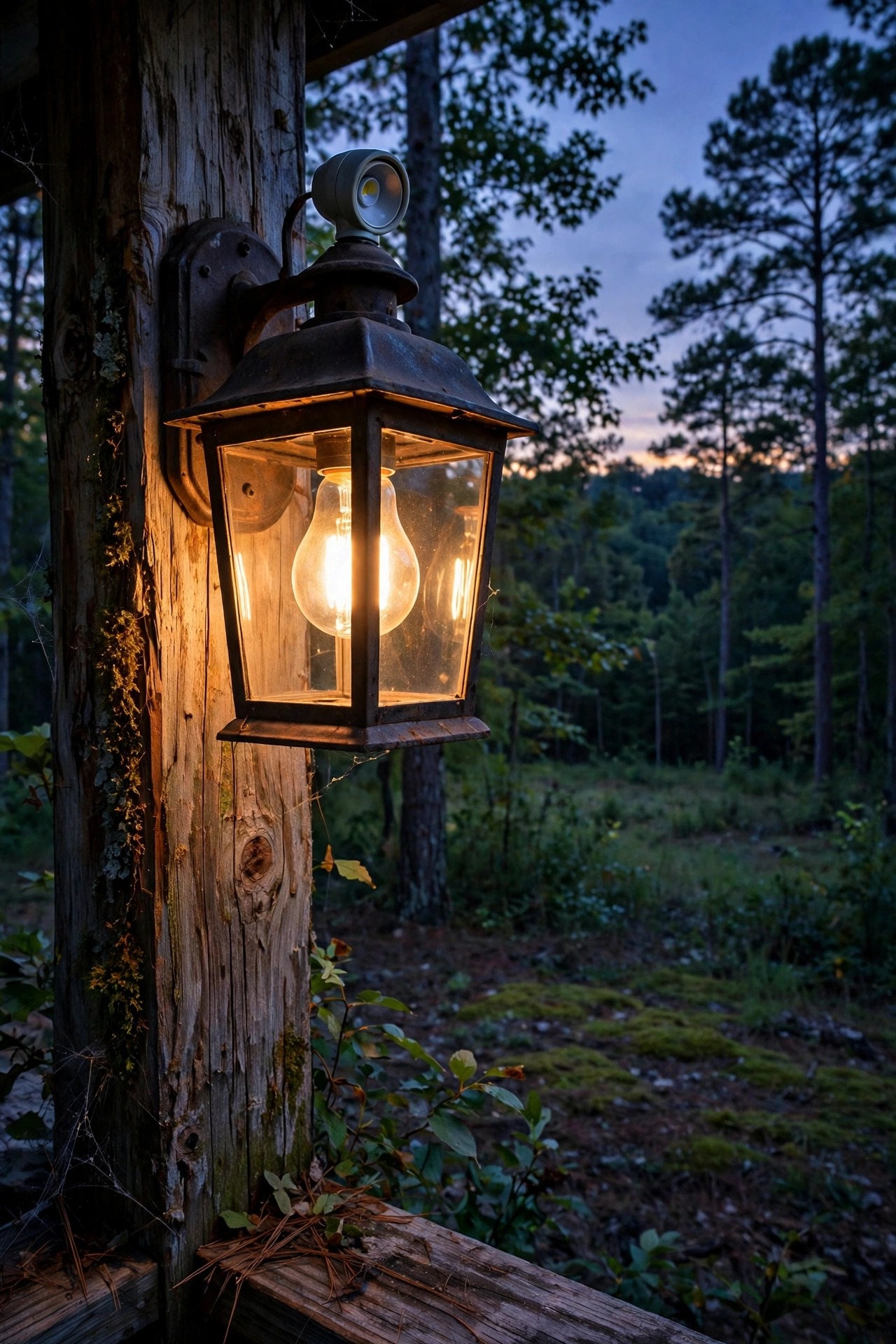Dusk-to-dawn photocell LED bulb glowing in a rustic porch fixture as twilight falls over the woods
