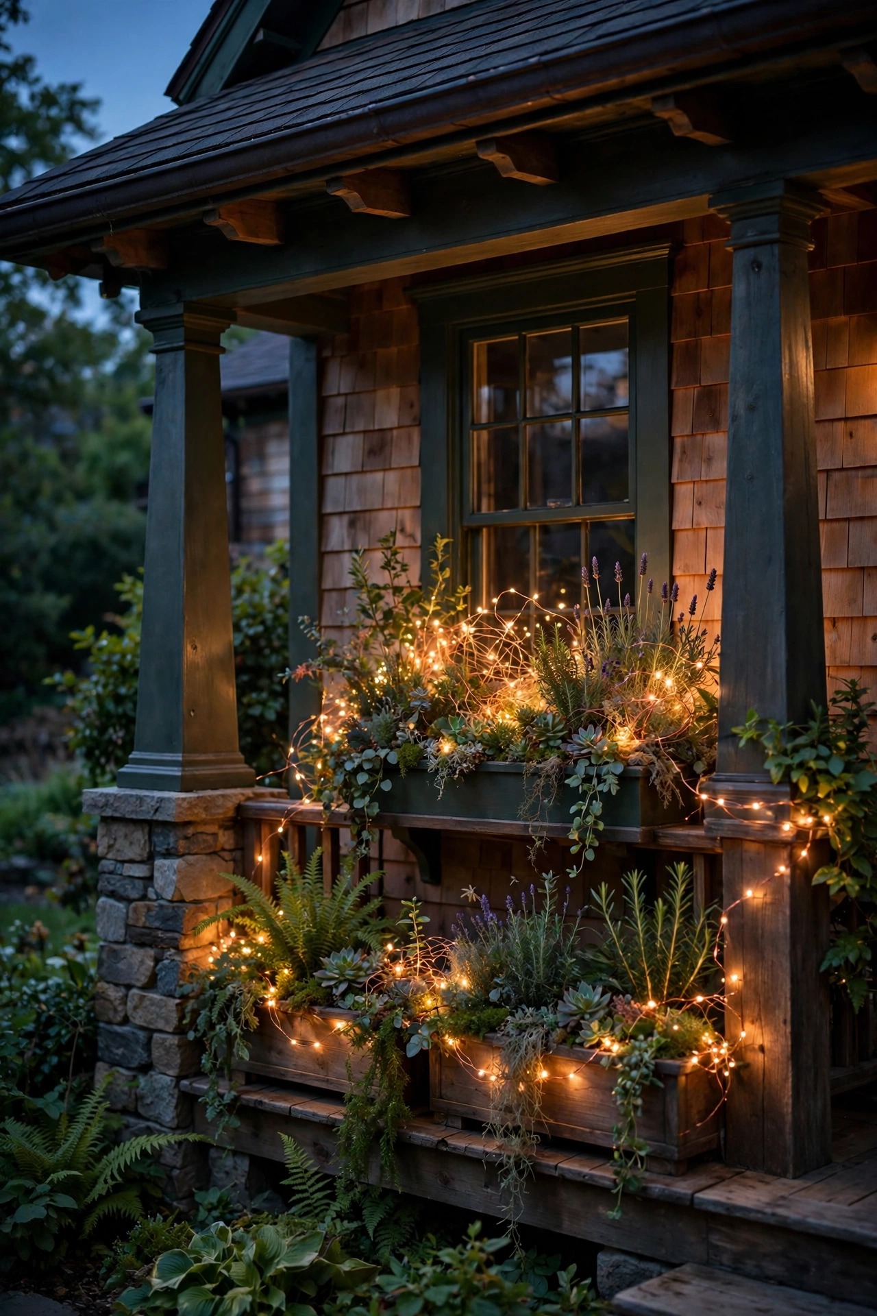 Copper-wire fairy lights woven through porch planters and window boxes on a craftsman home, tiny warm glows at dusk