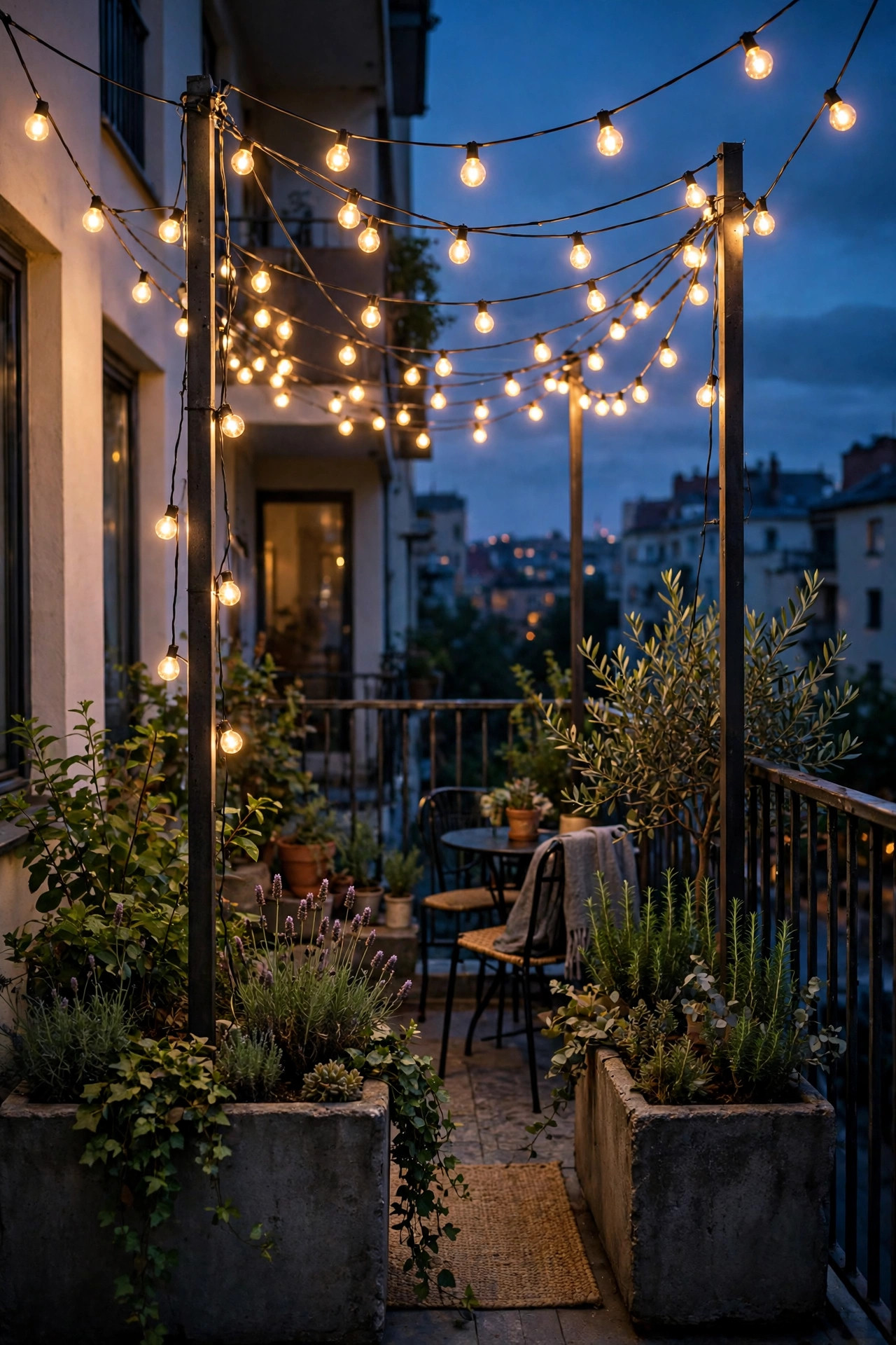 Freestanding string light poles planted in large balcony planters holding a warm canopy of lights over a small apartment balcony