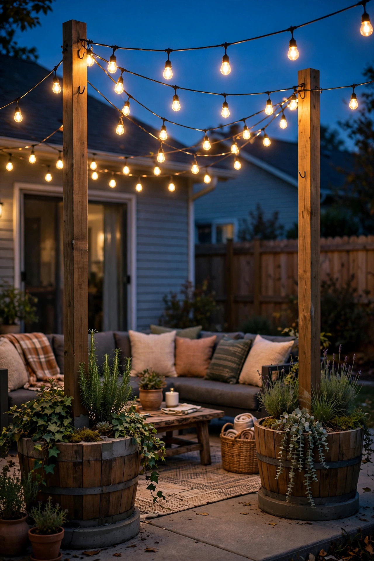 String lights strung between wooden posts set in concrete-filled planters on a patio