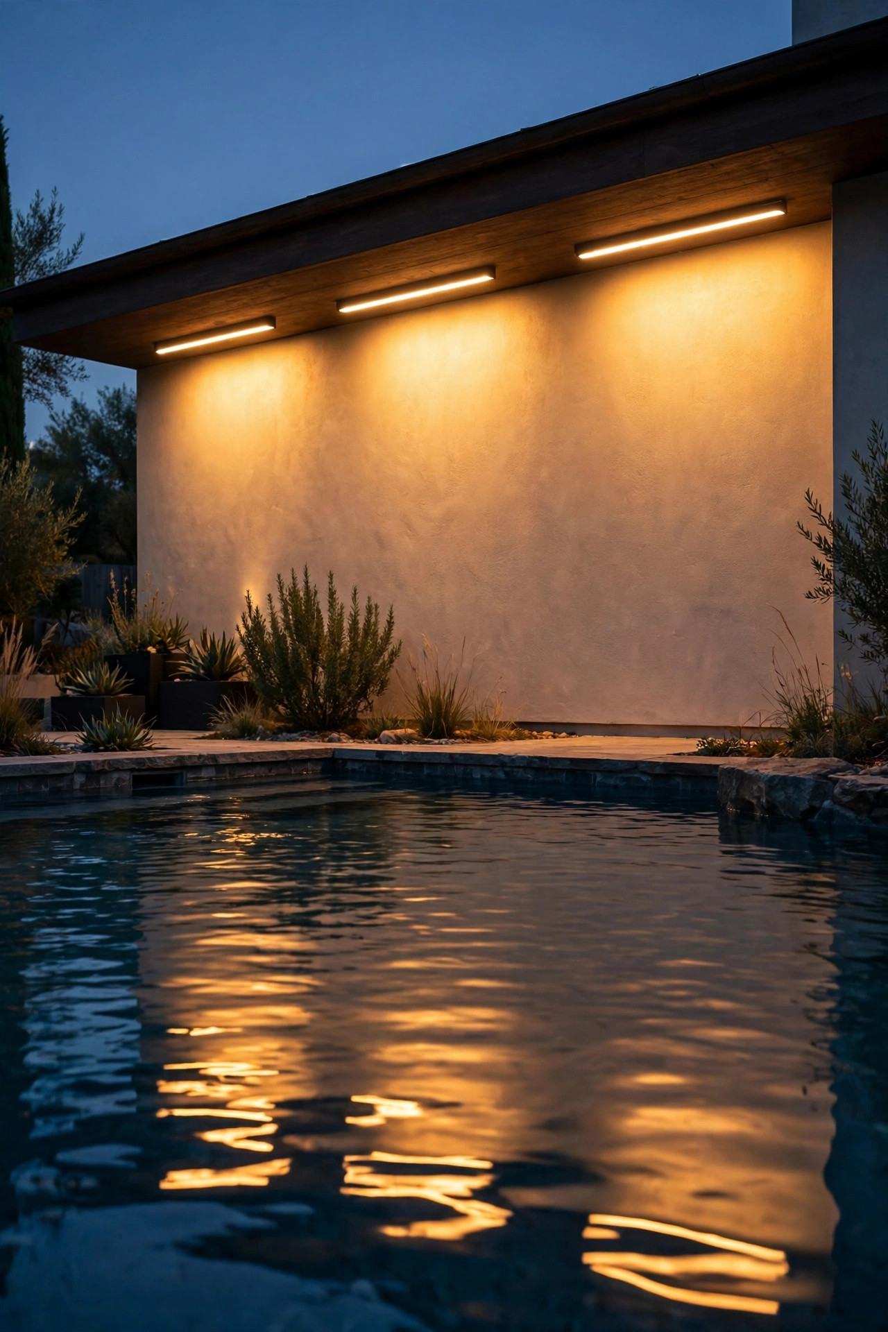 House wall behind a backyard pool at dusk washed in warm light from linear LED bars, glow reflecting in the water