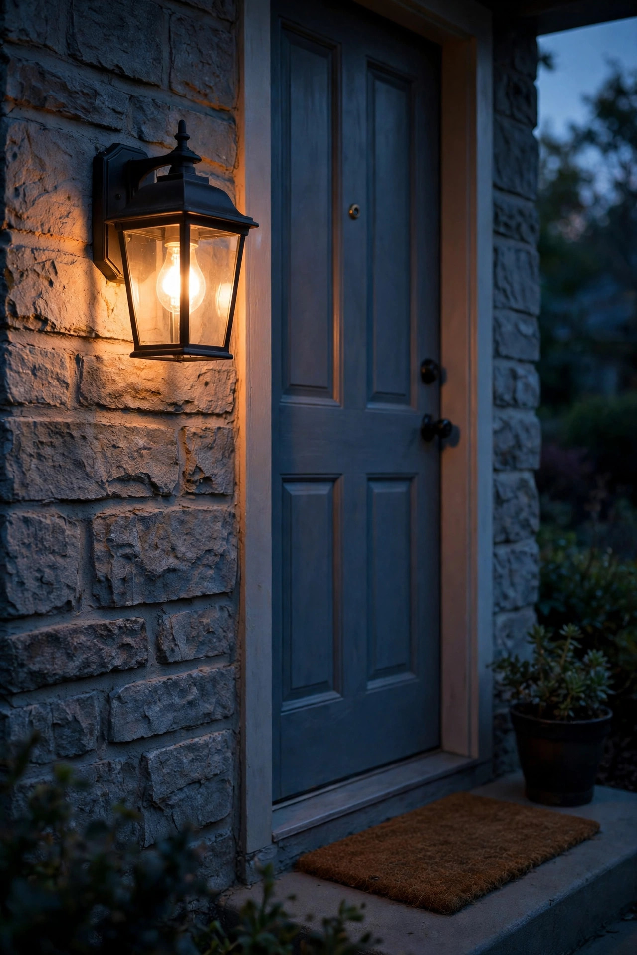Existing porch light fixture glowing warm with a soft smart LED bulb beside a rental front door at dusk