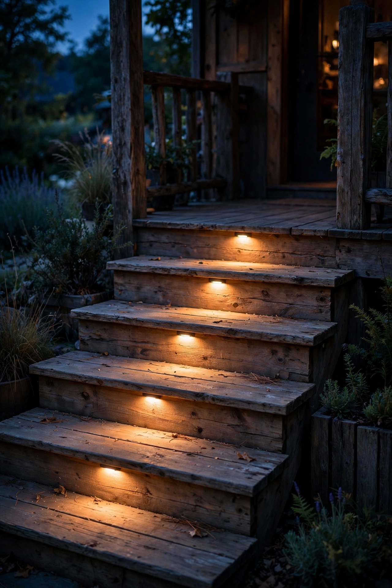 Recessed warm step lights glowing on rustic wooden porch steps at dusk