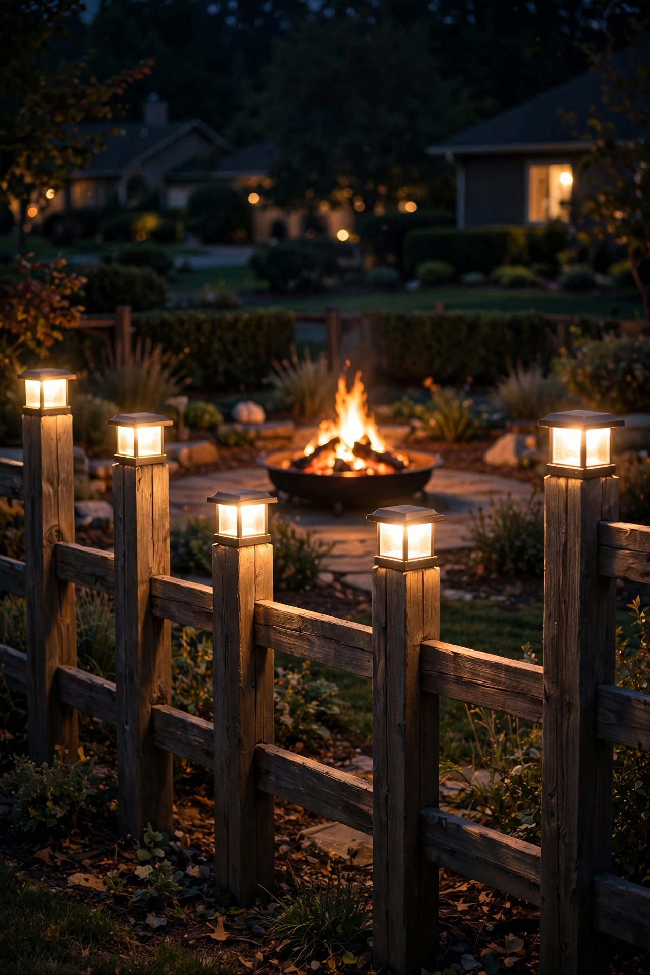 Glowing post-cap lights on fence posts framing a fire pit area at night