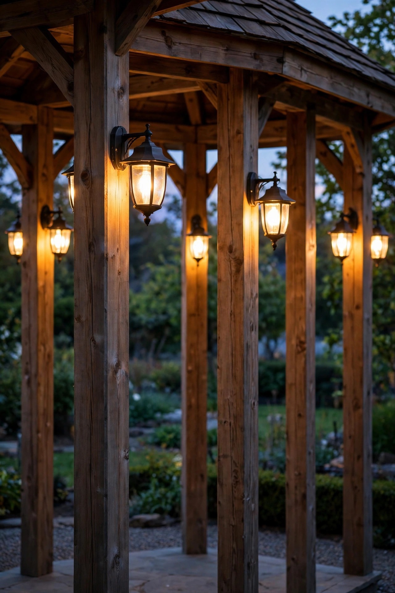 Lantern style sconces mounted on gazebo posts glowing at seated eye level around the perimeter