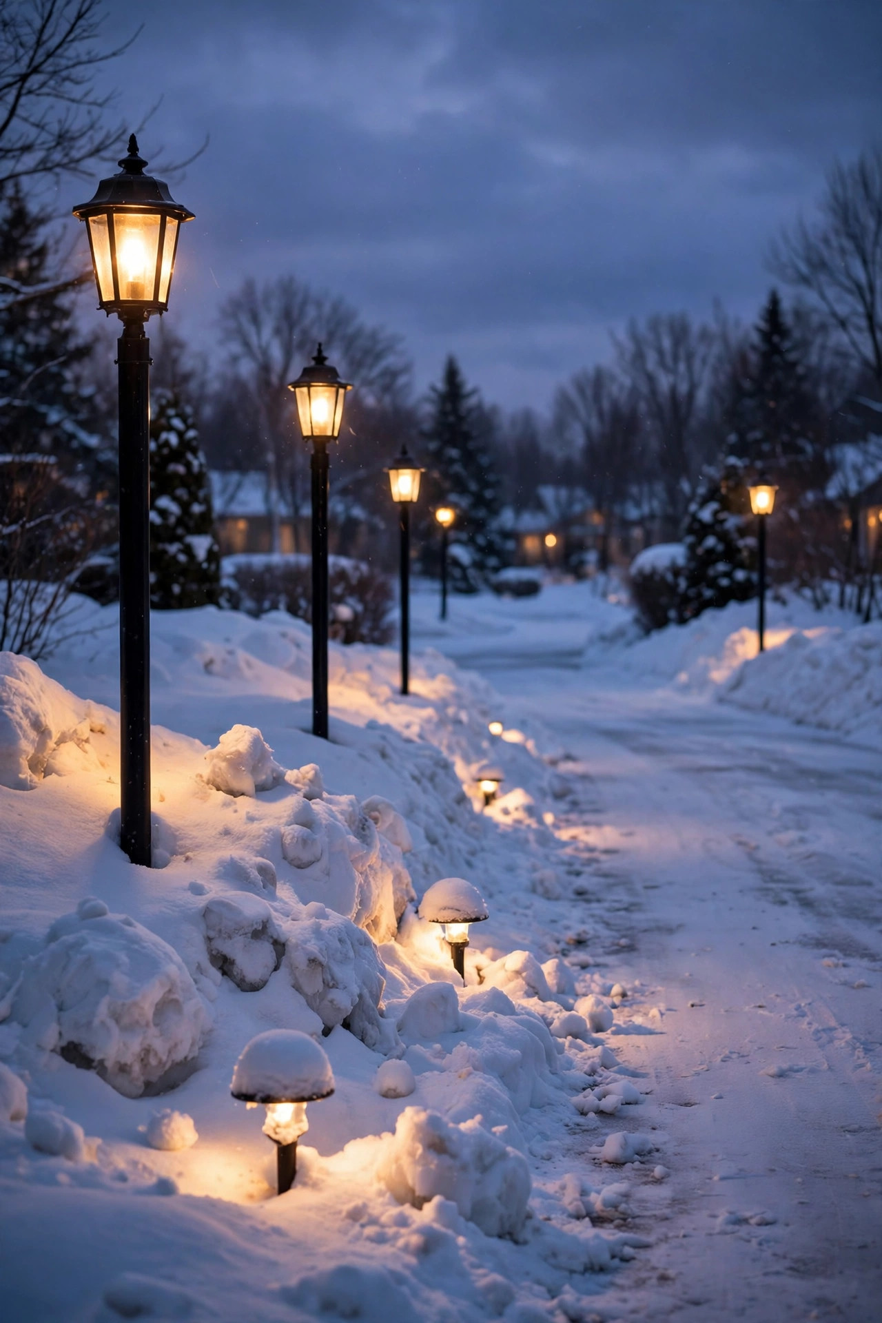 Tall post lights glowing above deep snowbanks along a driveway at dusk in winter while low lights are buried in snow
