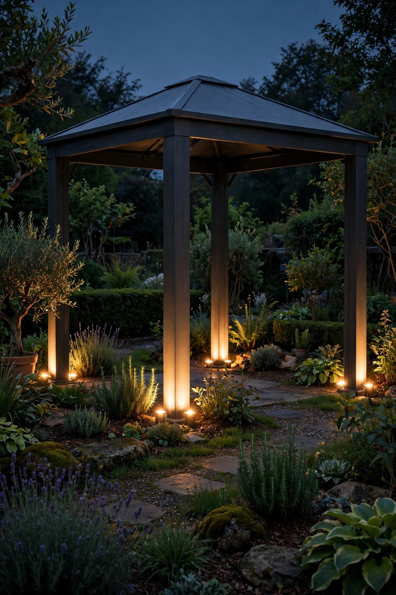 Ground uplights washing warm light up the posts of a hardtop gazebo at night, viewed from the garden
