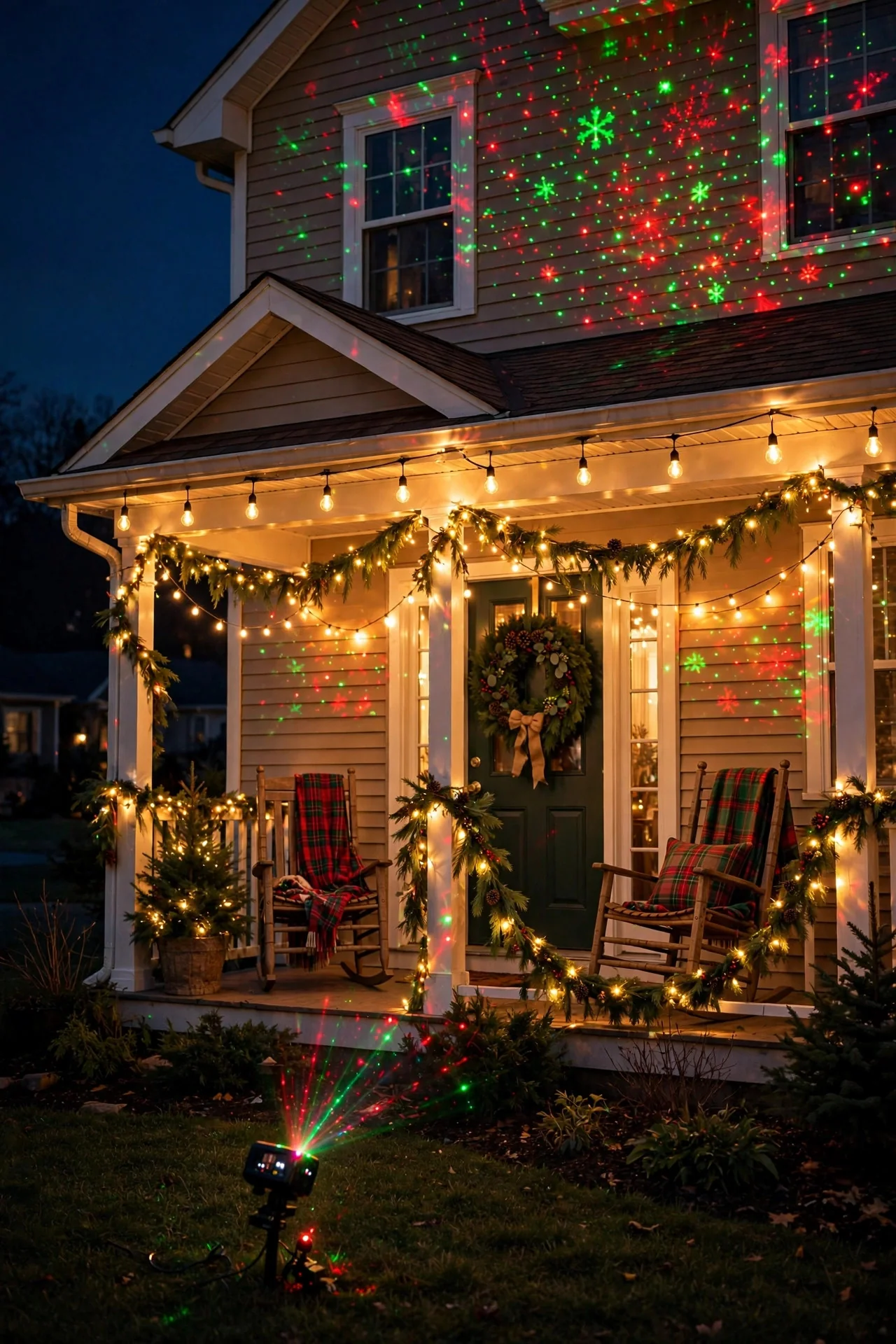 Warm string lights on a porch paired with colorful projection over the house