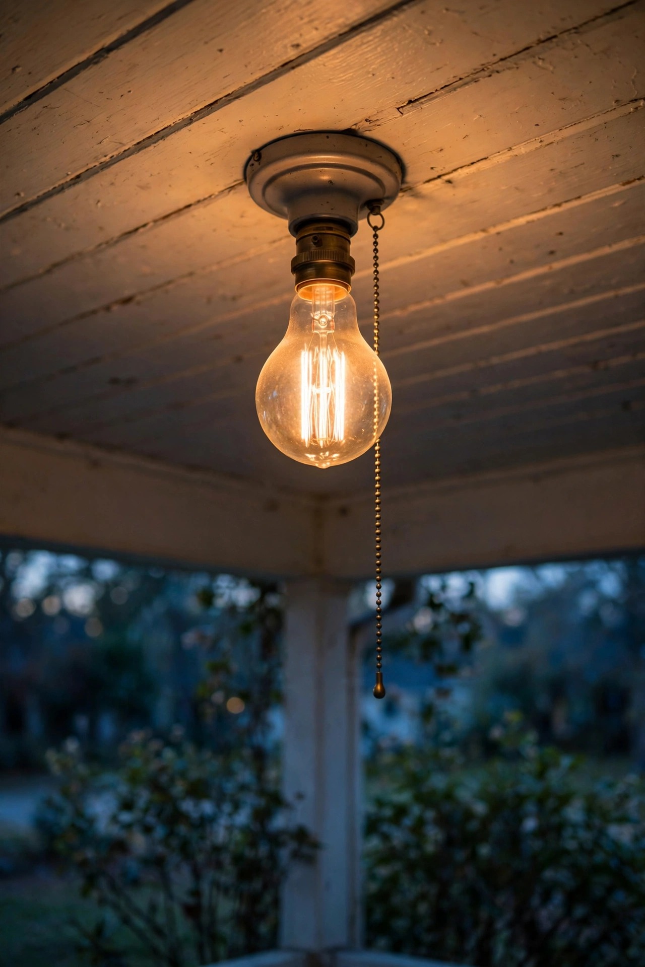 Warm bulb glowing in a simple porch ceiling socket with a pull chain at dusk, photorealistic