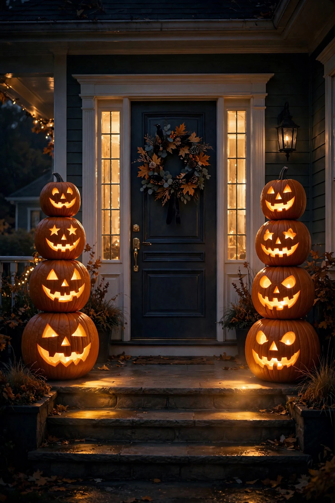 Stacked glowing pumpkin lantern columns flanking a front door for Halloween