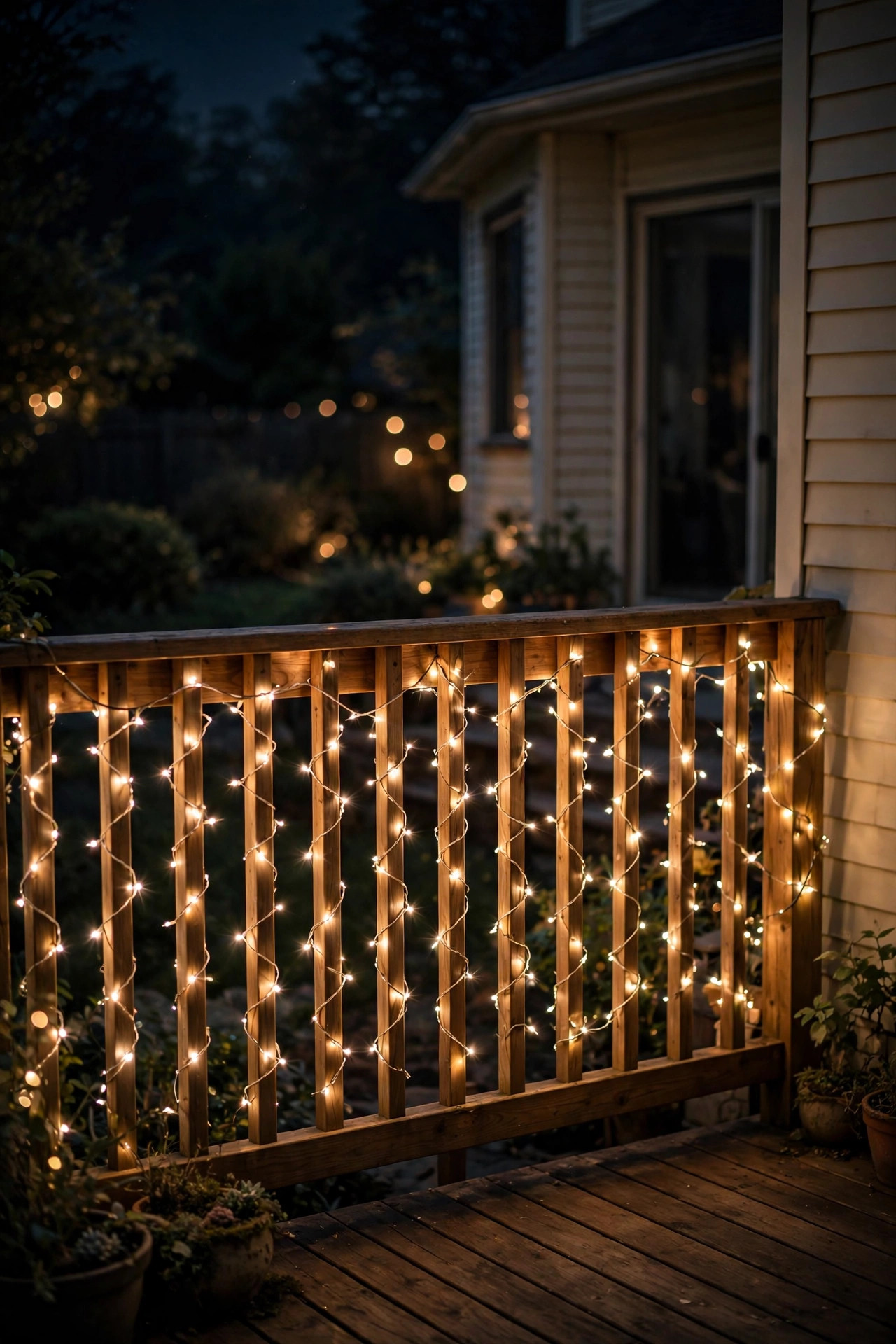 Fairy lights woven through deck railing balusters glowing at night