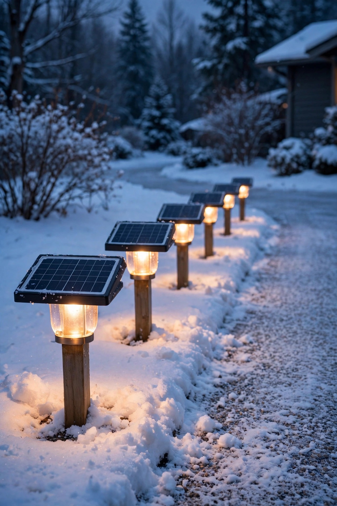 Solar driveway lights raised on short posts with snow brushed clear of their panels at dusk