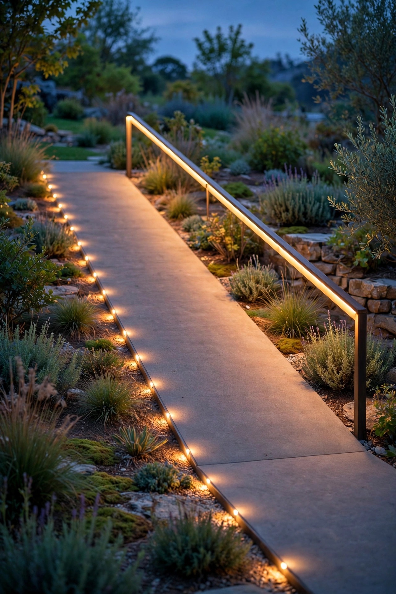 Gentle garden ramp at dusk with a row of low edge lights tracing the slope and a softly glowing handrail