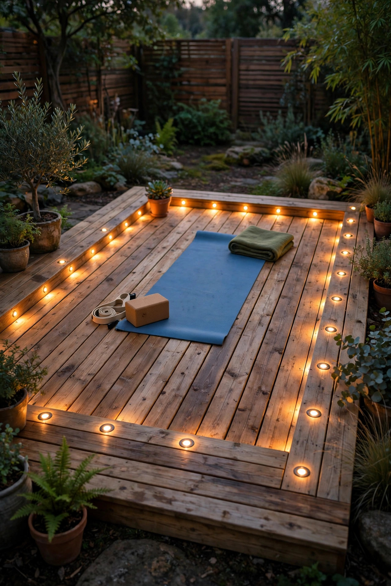 Small recessed deck lights glowing flush with deck boards outlining an outdoor yoga practice area