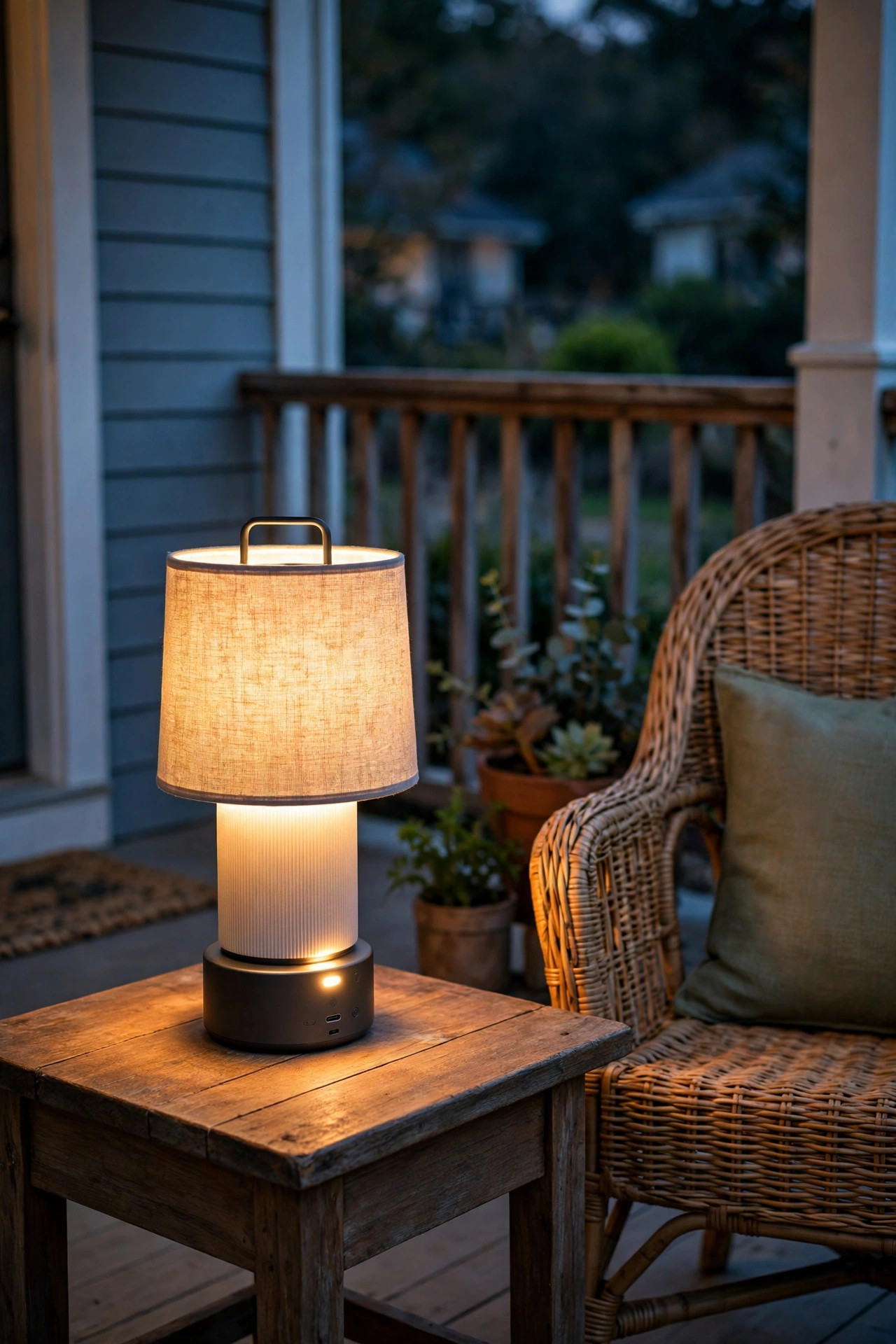 Portable rechargeable table lamp glowing on a rental porch side table beside a chair