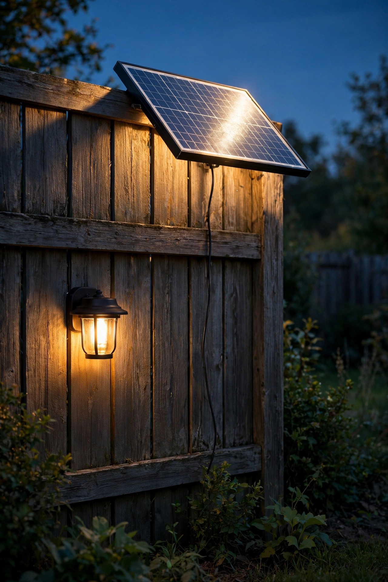 Solar wall light glowing on a shaded fence with a separate solar panel mounted in sunlight on the fence top connected by a cord