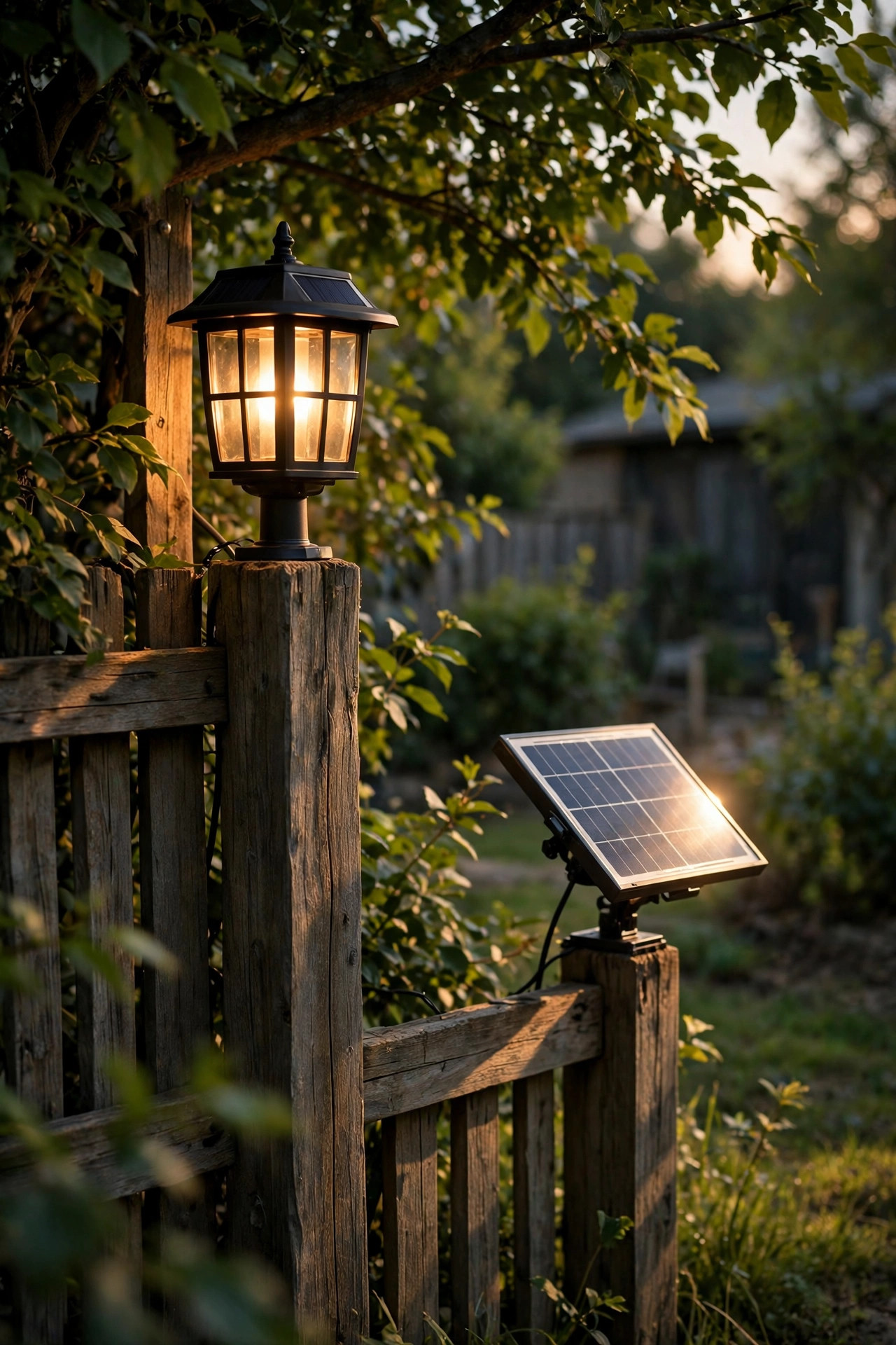 Solar post lantern on a shaded fence post with a remote solar panel mounted in sunlight nearby