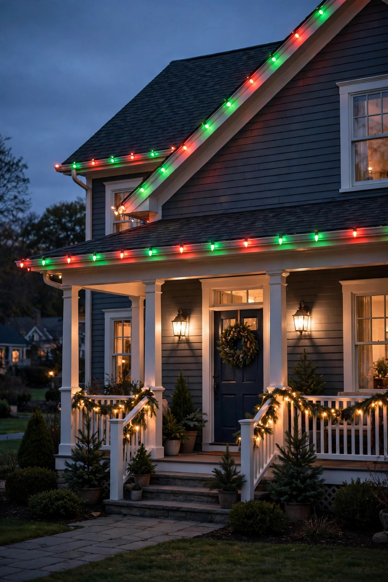 Classic Christmas lighting scene with red and green rgb outdoor lights along the roofline and warm white porch lights