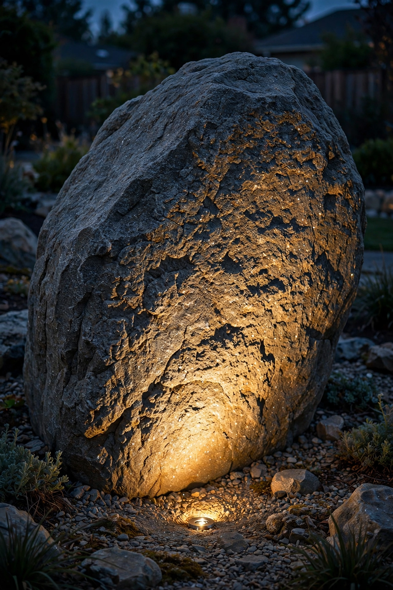 In ground well light raking warm light across a large garden boulder at night