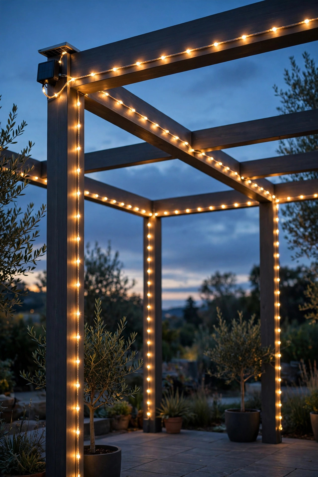 Solar rope light tracing the straight beam outline of a modern pergola against the evening sky