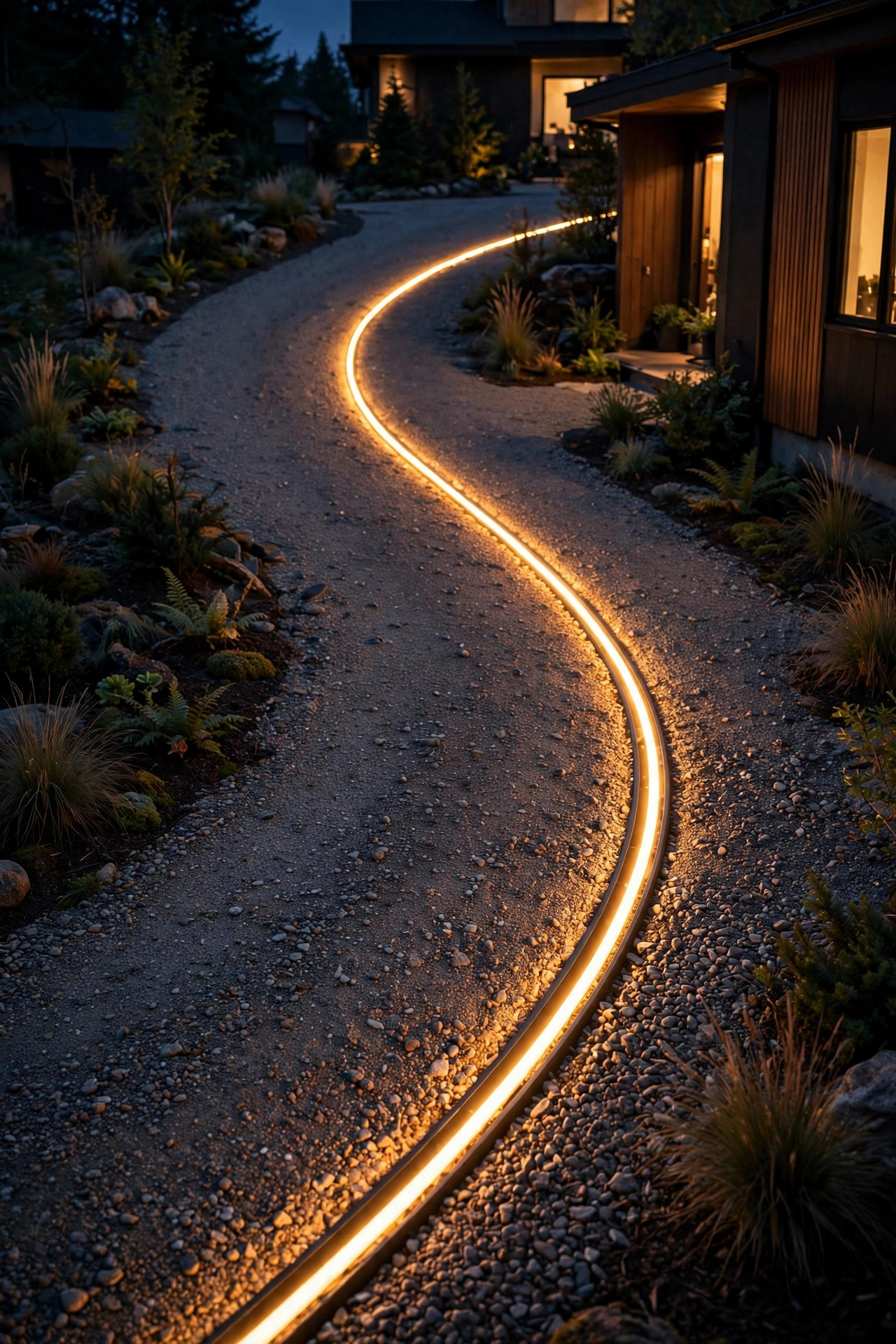 Continuous warm rope light glowing in a slim channel tracing the curve of a gravel driveway at night