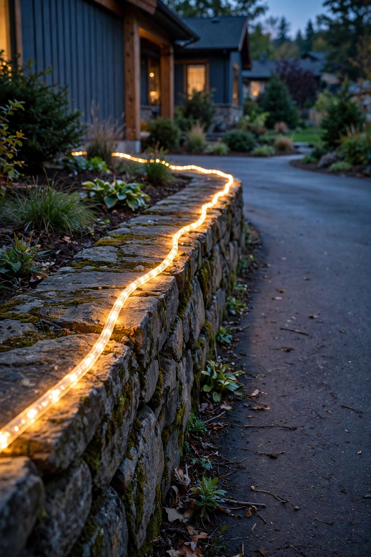 Warm solar rope light glowing along the top of a stone retaining wall beside a driveway in the evening