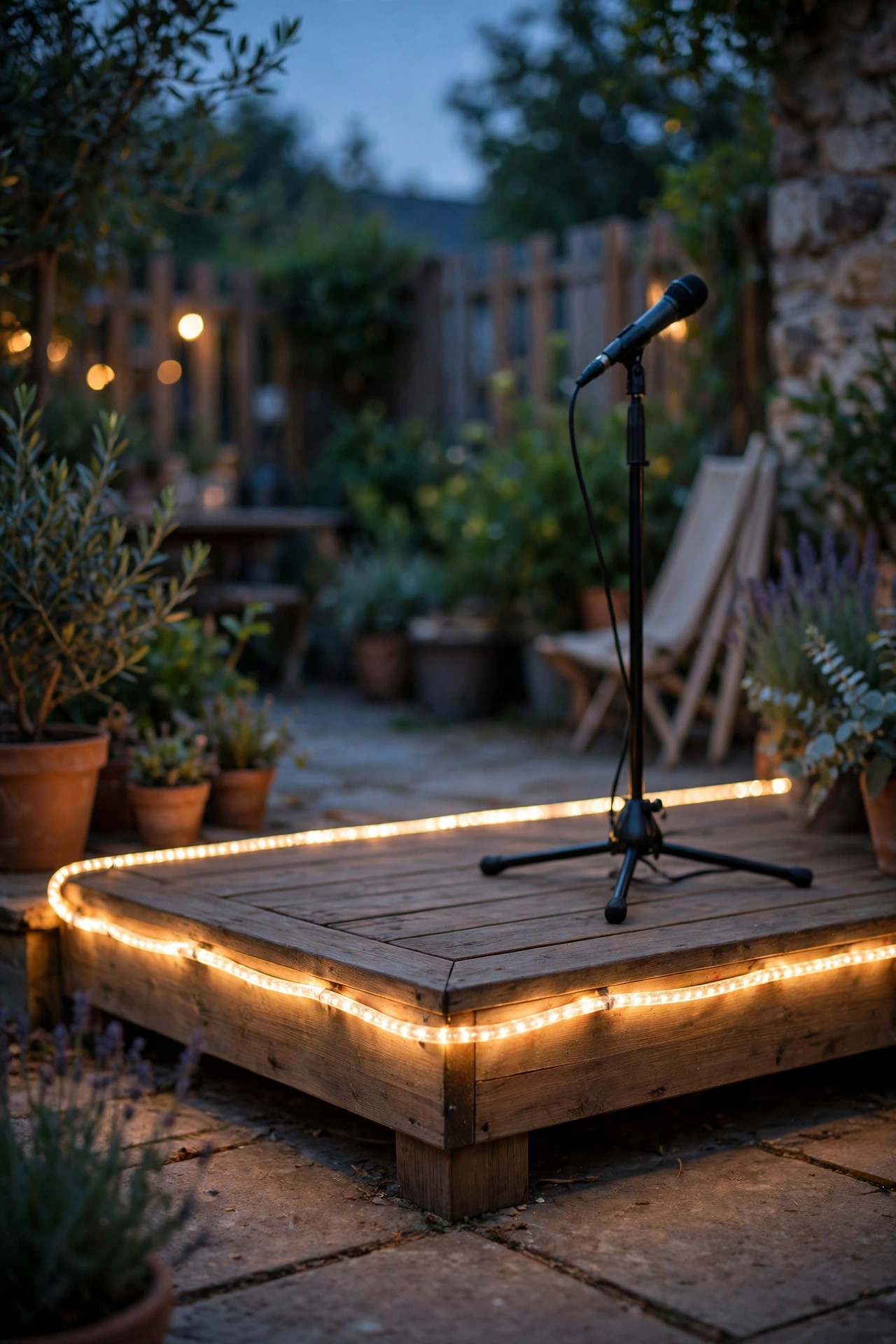 Warm white rope light tracing the front edge of a small patio stage corner with a microphone stand