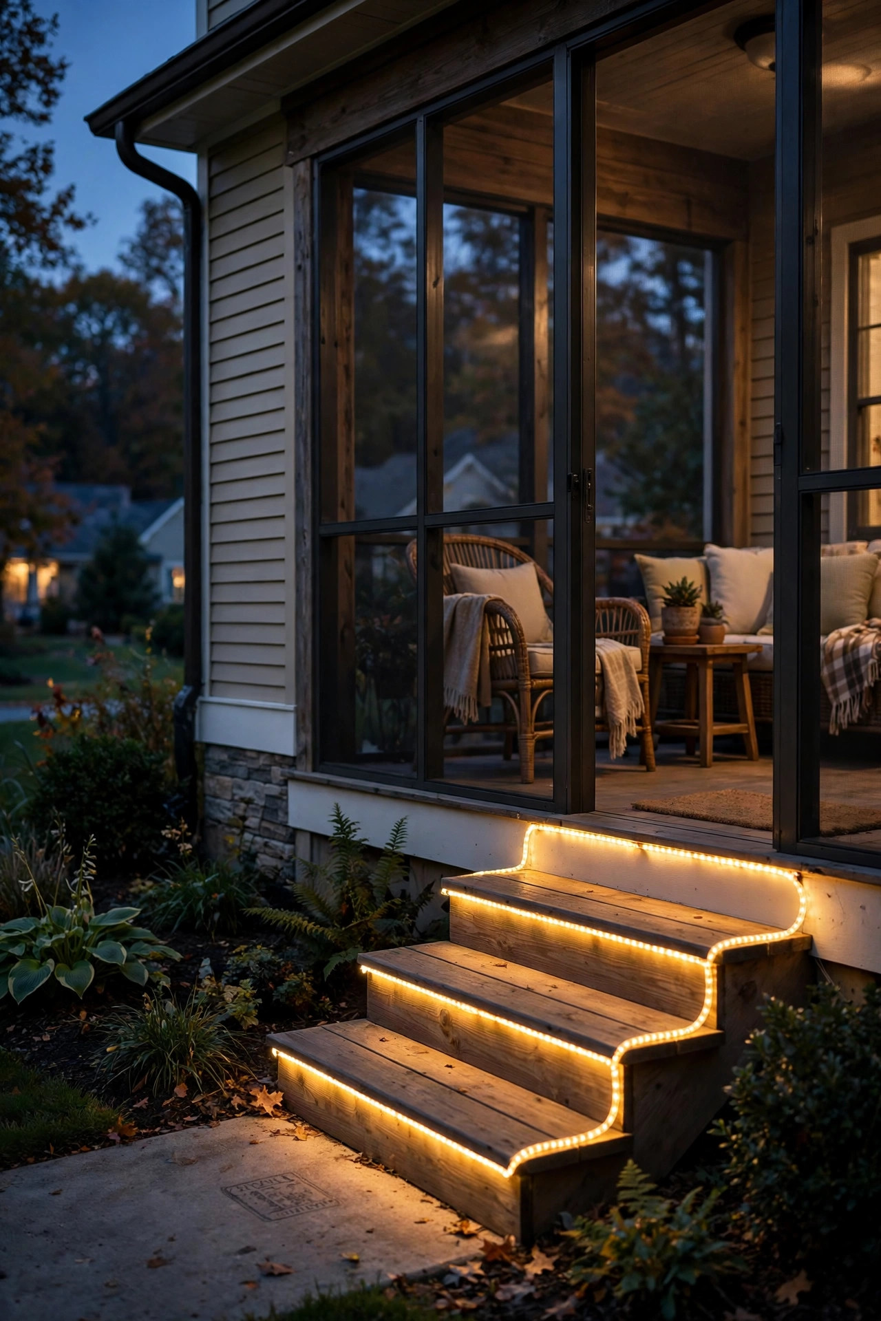 Warm rope light tracing the edge of screened porch steps for safe nighttime footing
