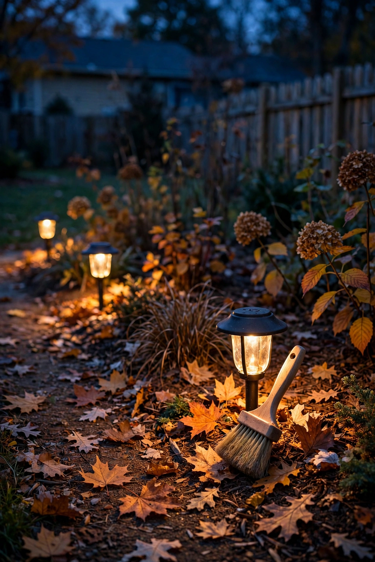 Homeowner cleaning a path light lens in a glowing three-zone landscape lighting setup on a crisp autumn evening
