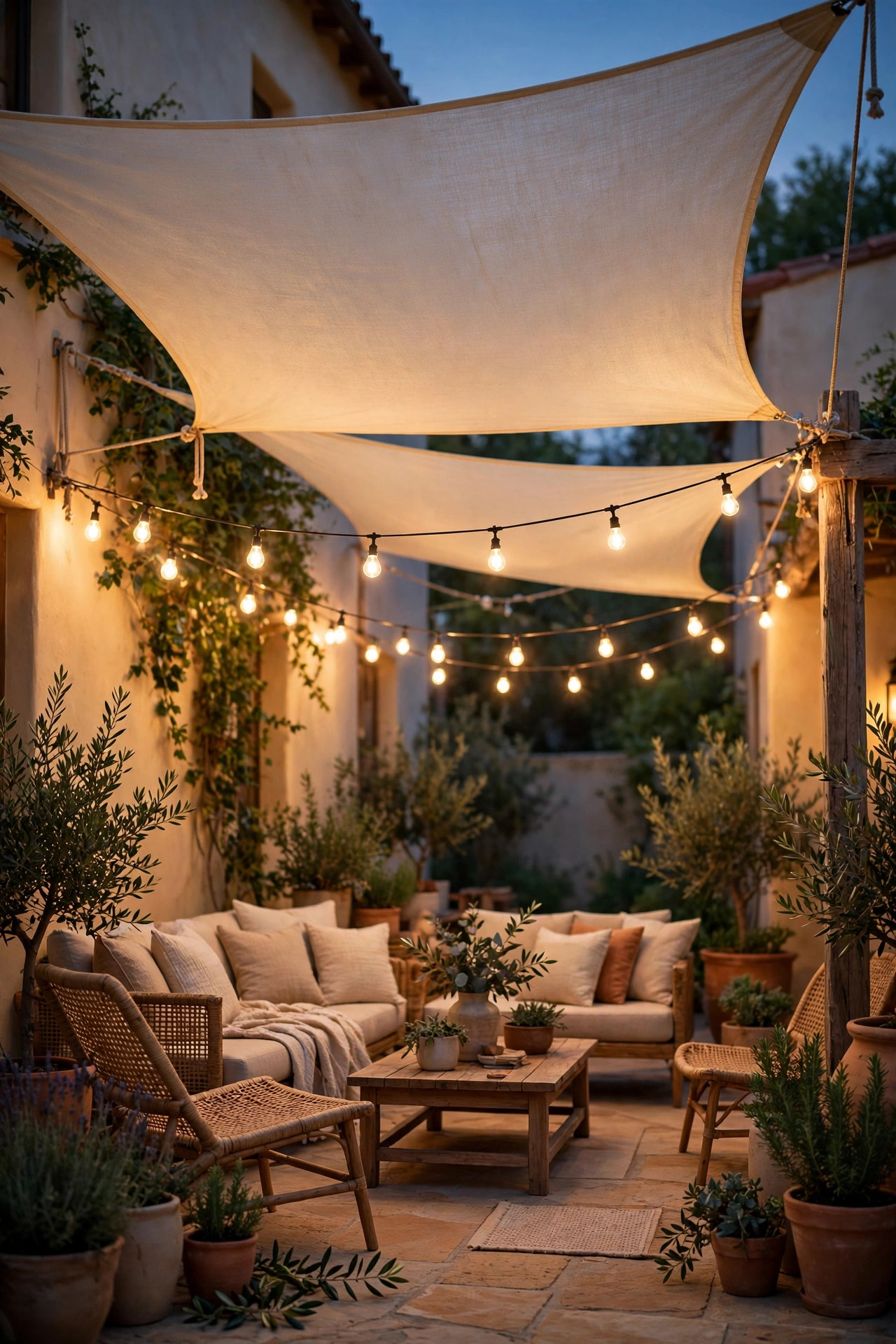 String lights glowing beneath a cream shade sail stretched over a courtyard lounge area