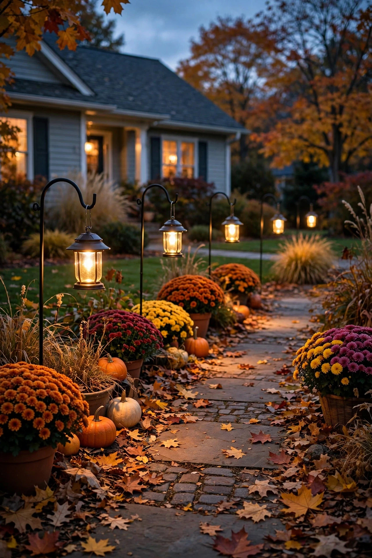 Solar lanterns hanging from shepherd's hooks along a fall pathway at dusk