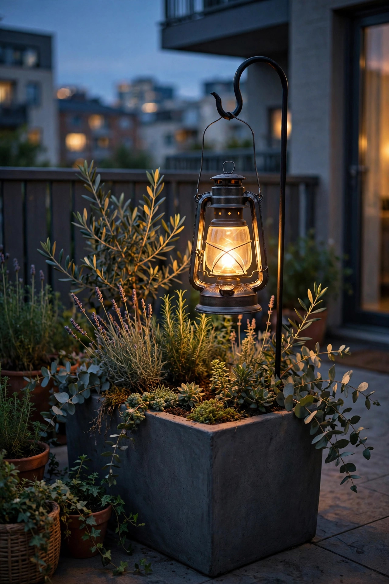 Hanging lantern glowing from a shepherds hook set in a large planter on an apartment patio at dusk
