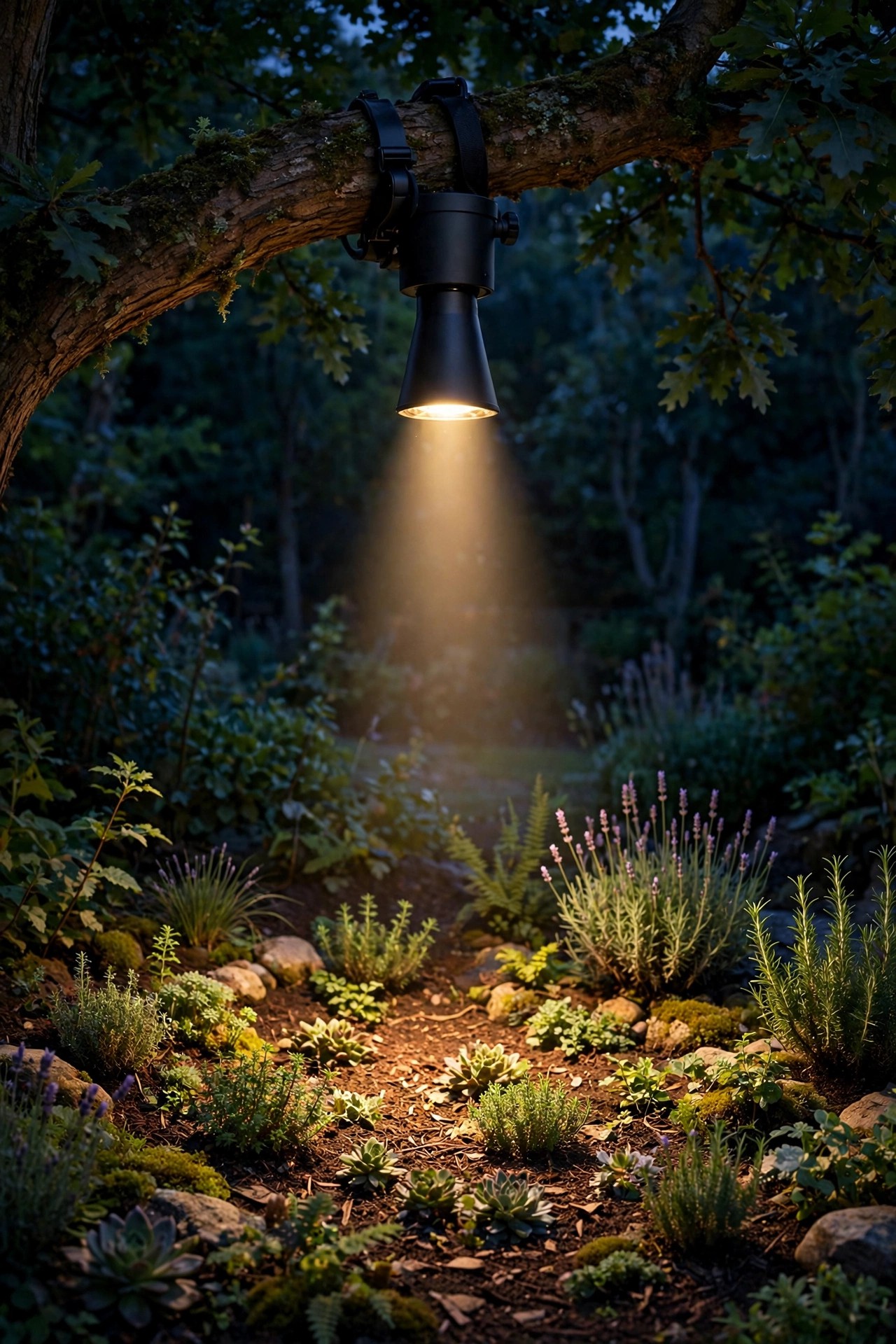 Shielded dark-sky downlight with a long snoot mounted in a tree directing warm light straight down onto a garden bed with no glare at night