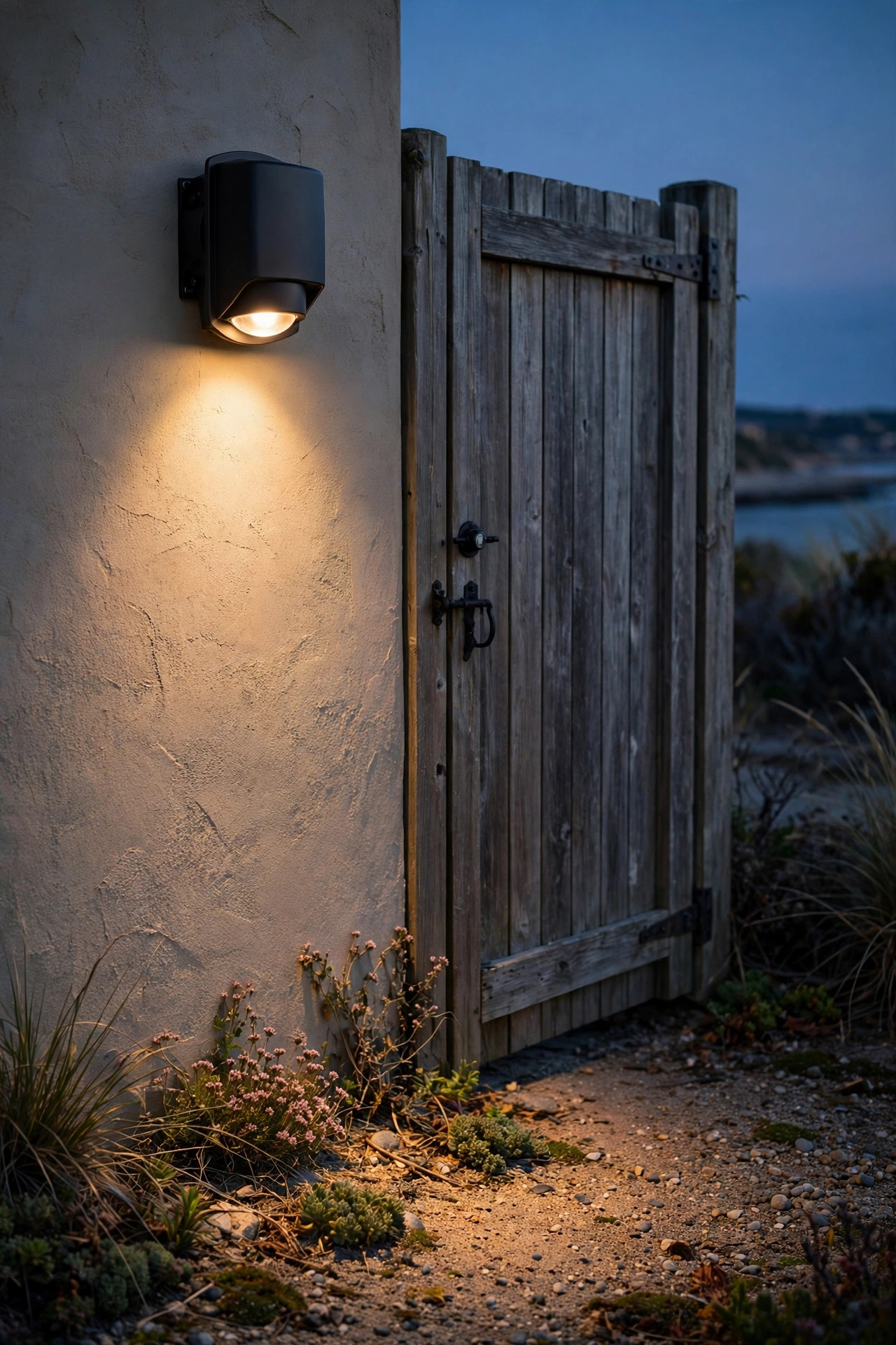 Shielded motion sensor light casting a soft downward pool of light beside a coastal side gate
