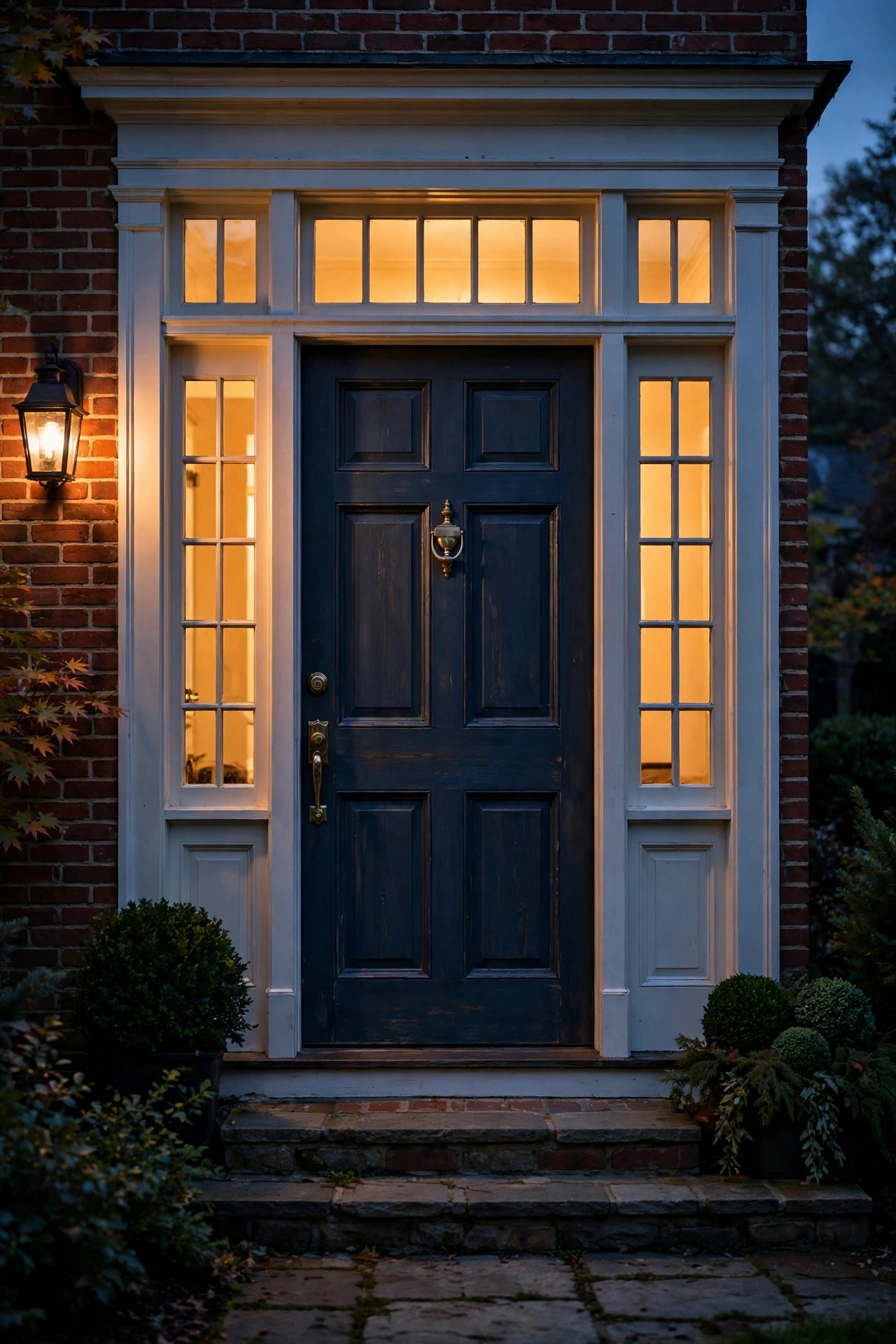 Colonial front door with sidelights and transom window glowing warm amber from interior light at dusk