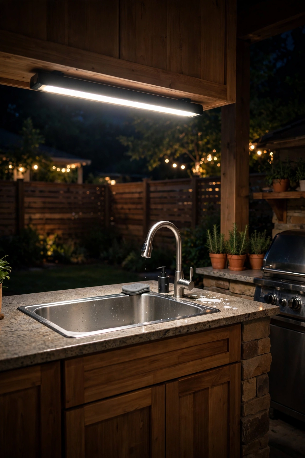 Bright LED bar light illuminating outdoor kitchen sink and faucet at night
