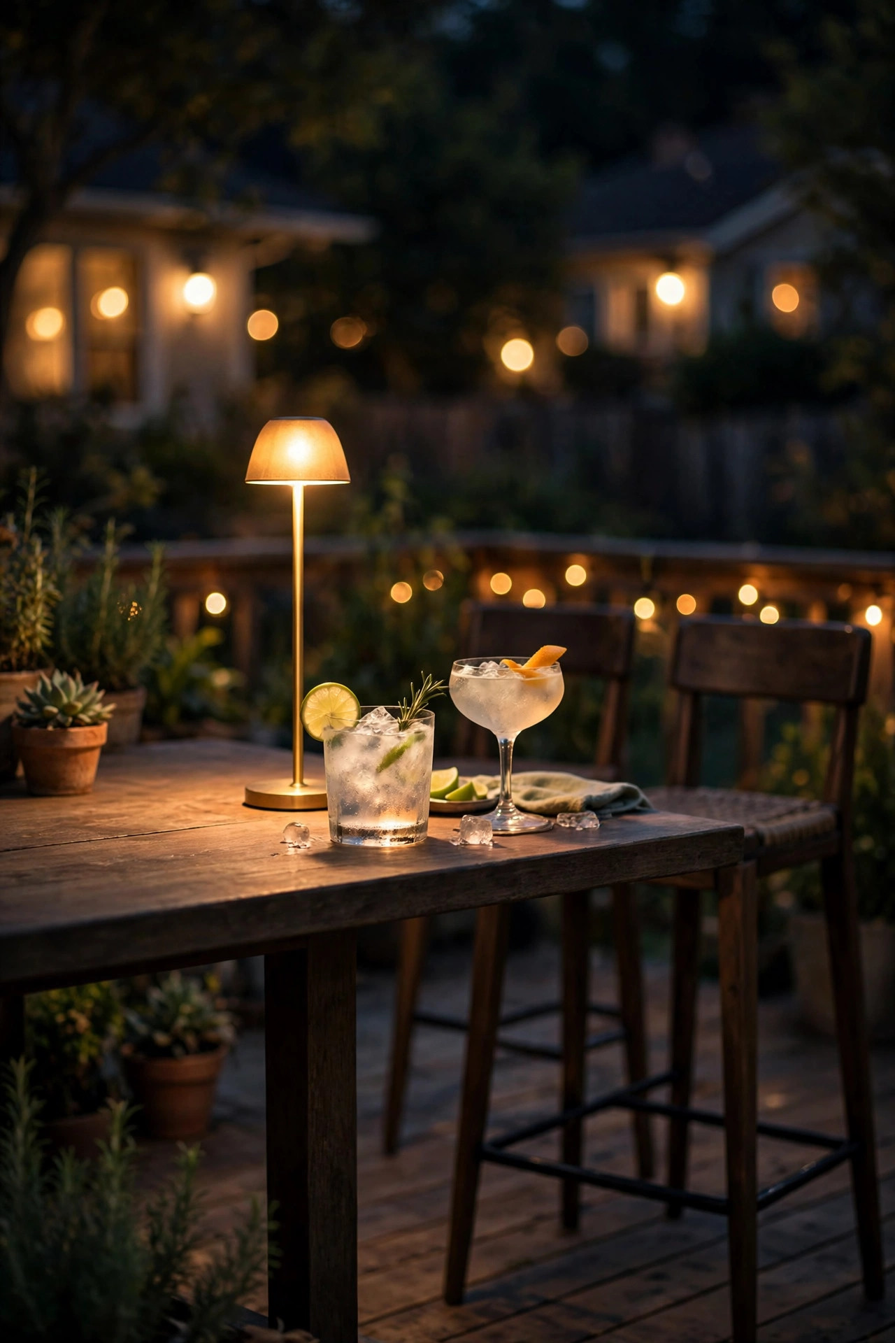 Slim tall outdoor table lamp glowing on a bar-height patio table at night