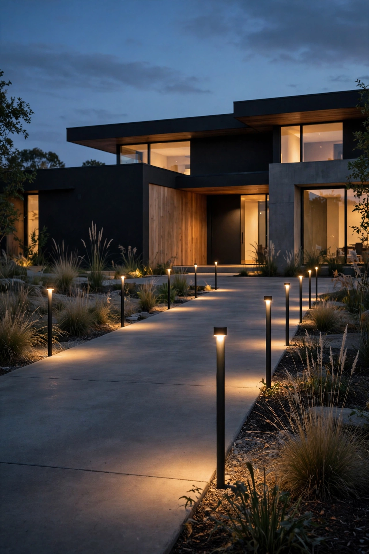 Slim minimalist driveway bollard lights in matte black along a modern home driveway at dusk