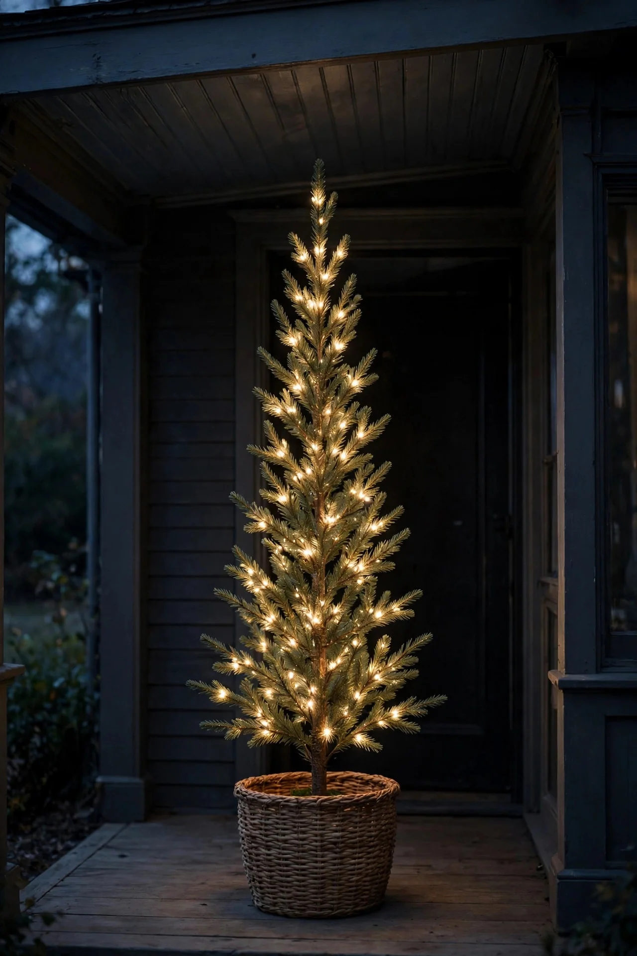 Single slim pre-lit Christmas tree in a woven basket on a porch at dusk