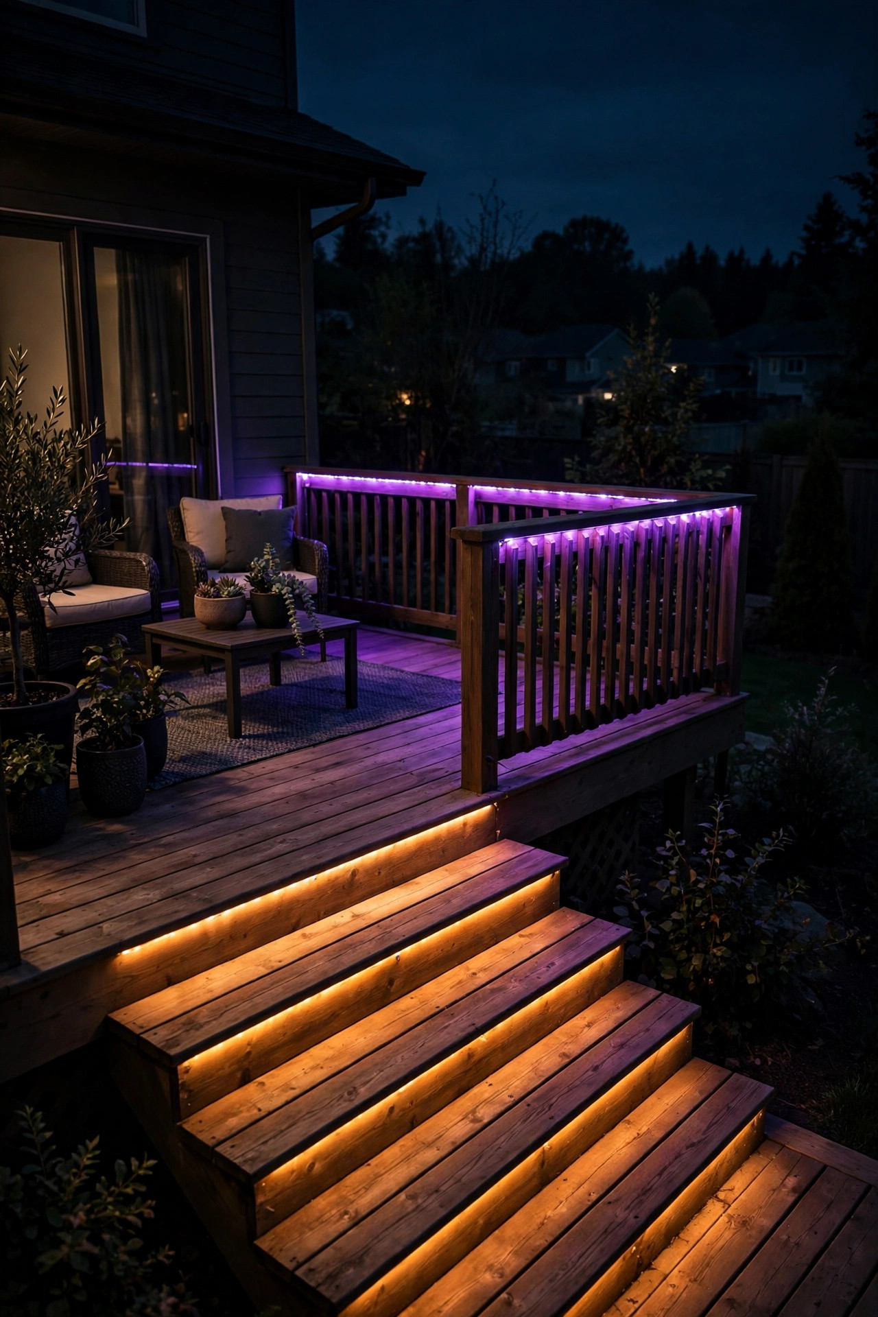 Wooden deck at night with smart color-changing LED strips glowing purple and amber along the railing