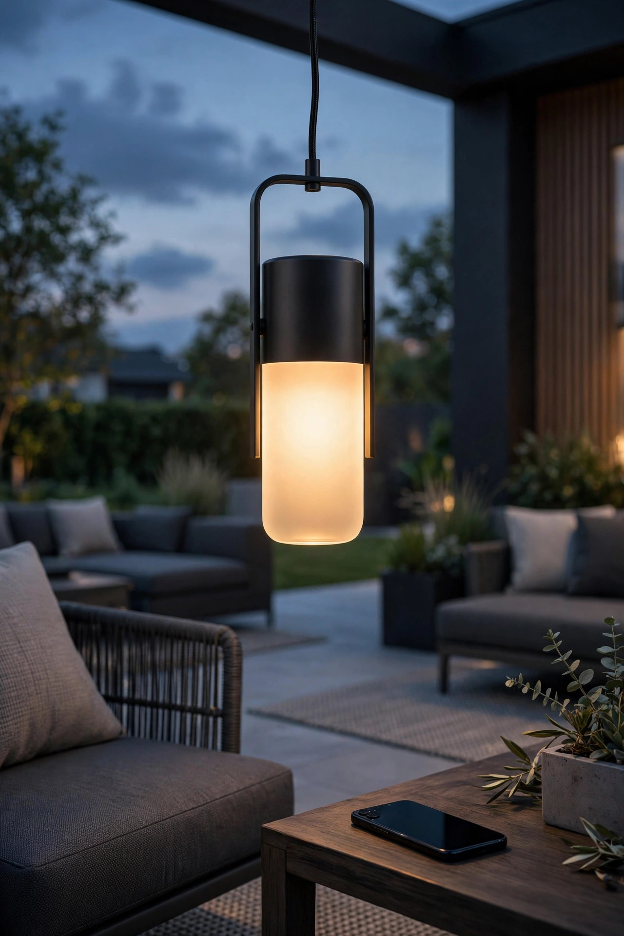 Modern smart outdoor pendant light with warm glow controlled by phone on a patio