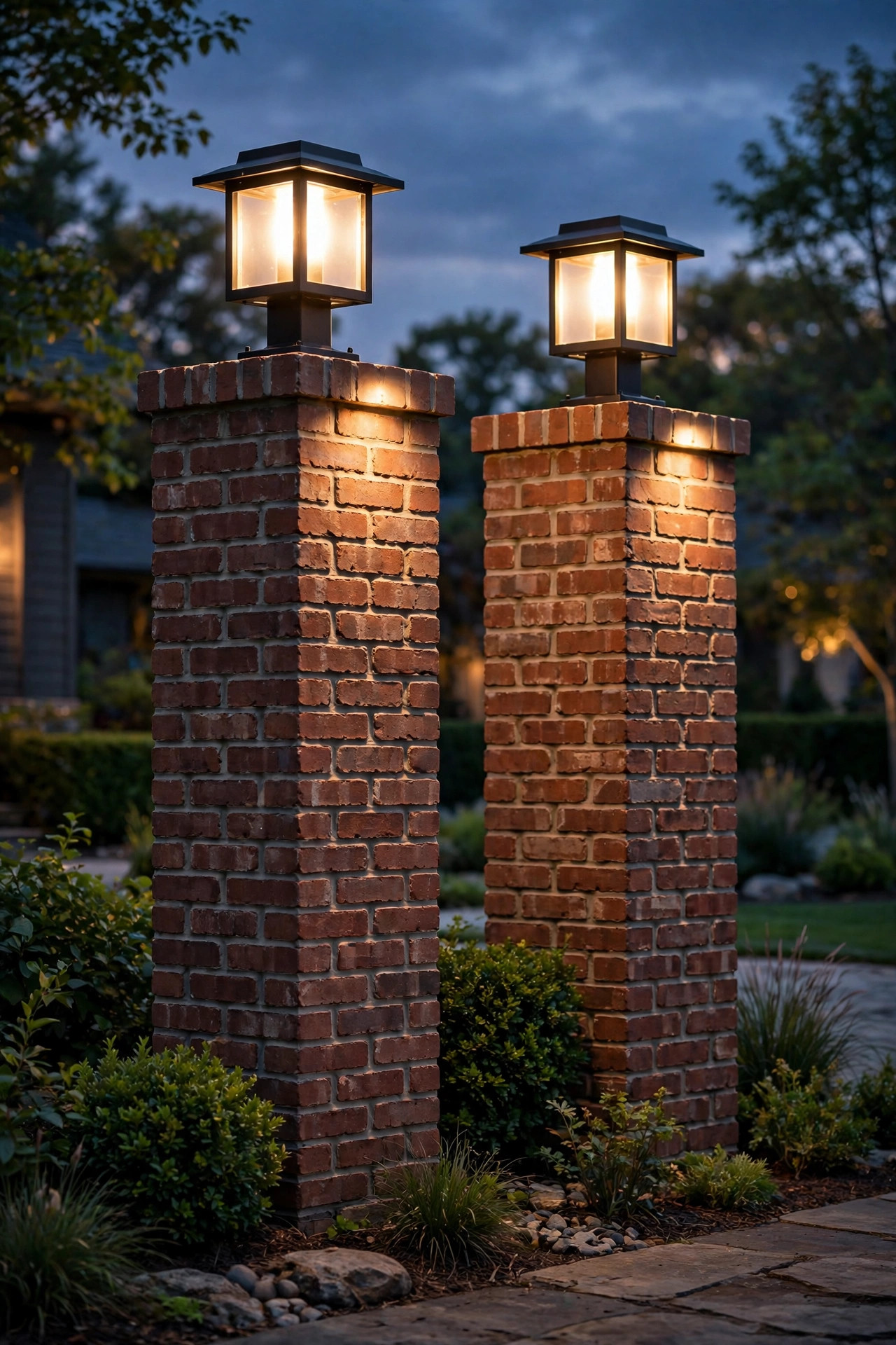 Smart pier mount post lights glowing on brick columns in the evening