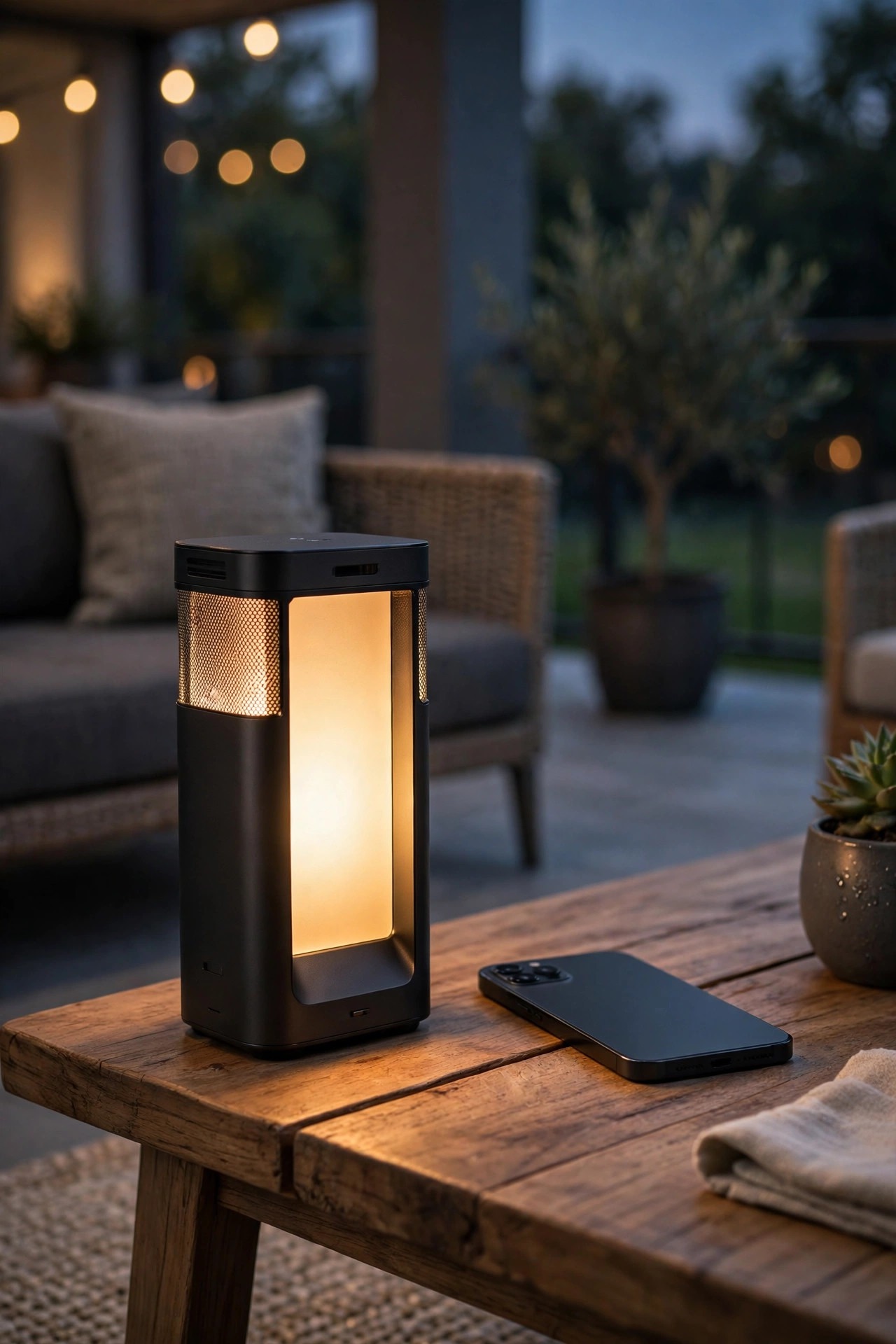 Sleek modern smart lantern glowing on a patio side table at dusk beside a smartphone resting face down, soft dimmable warm light, contemporary porch