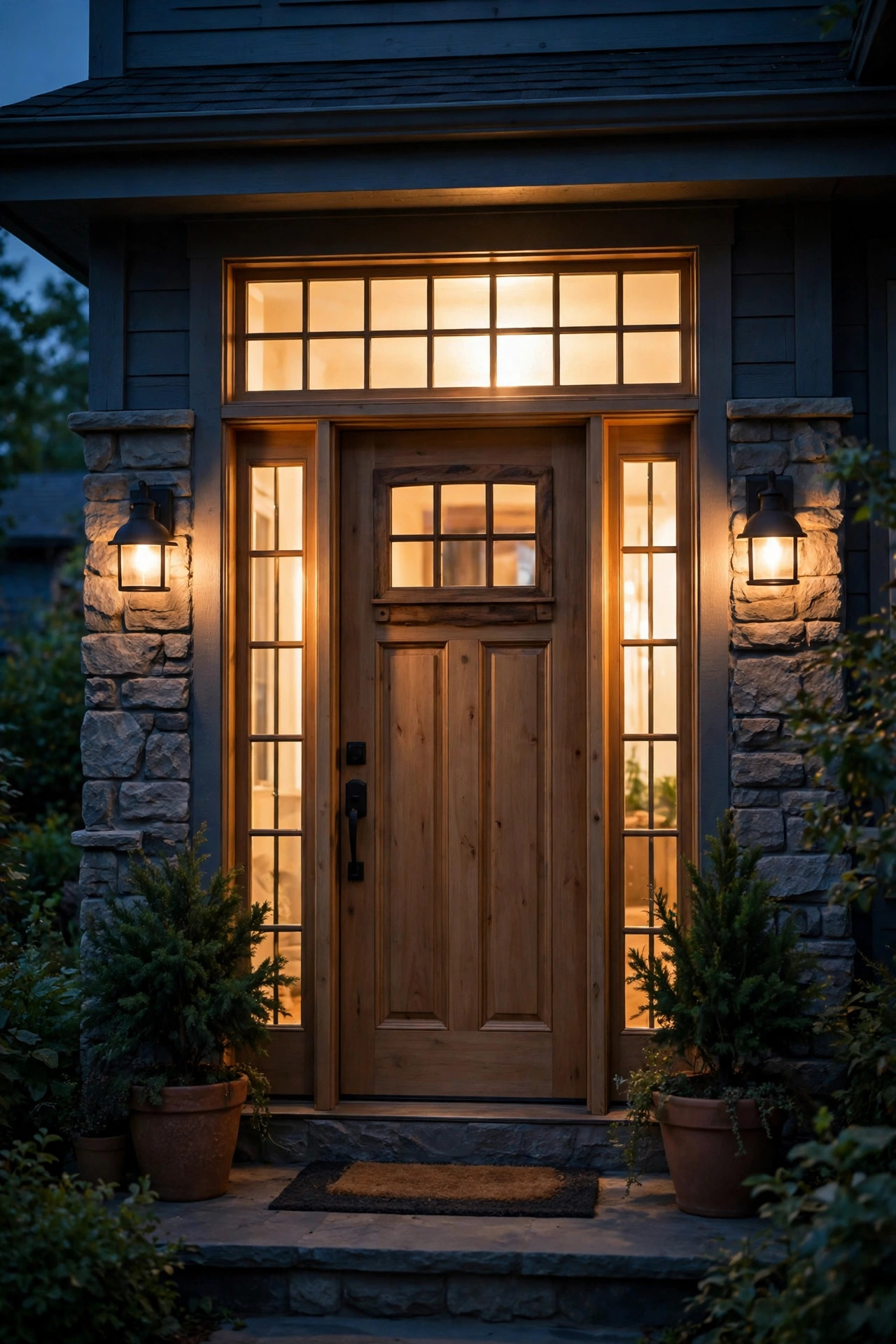 Front door sidelights and transom glowing at a soft dimmed evening setting