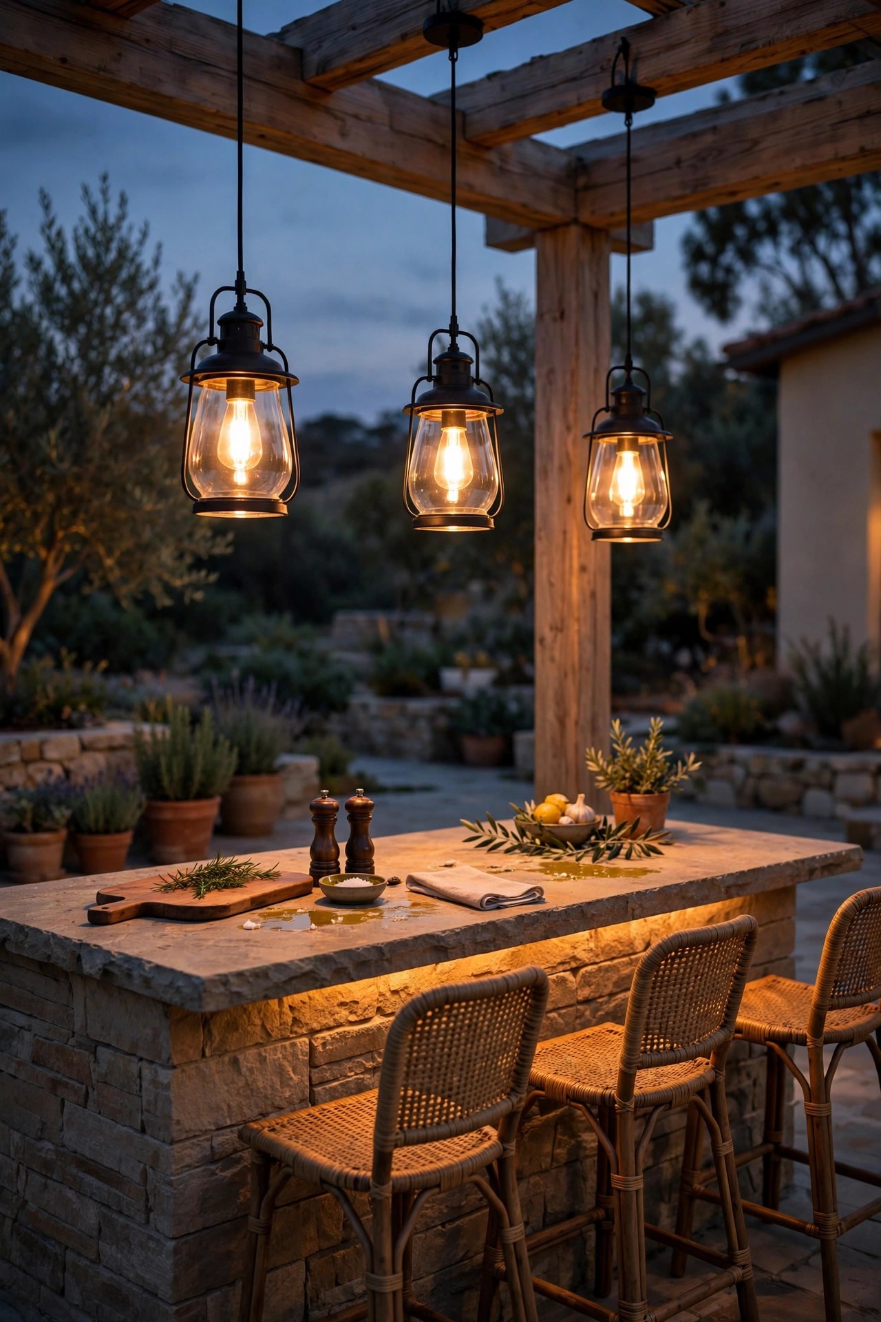 Three pendant lights hanging over an outdoor kitchen island at dusk, glowing warm above a stone counter with bar seating