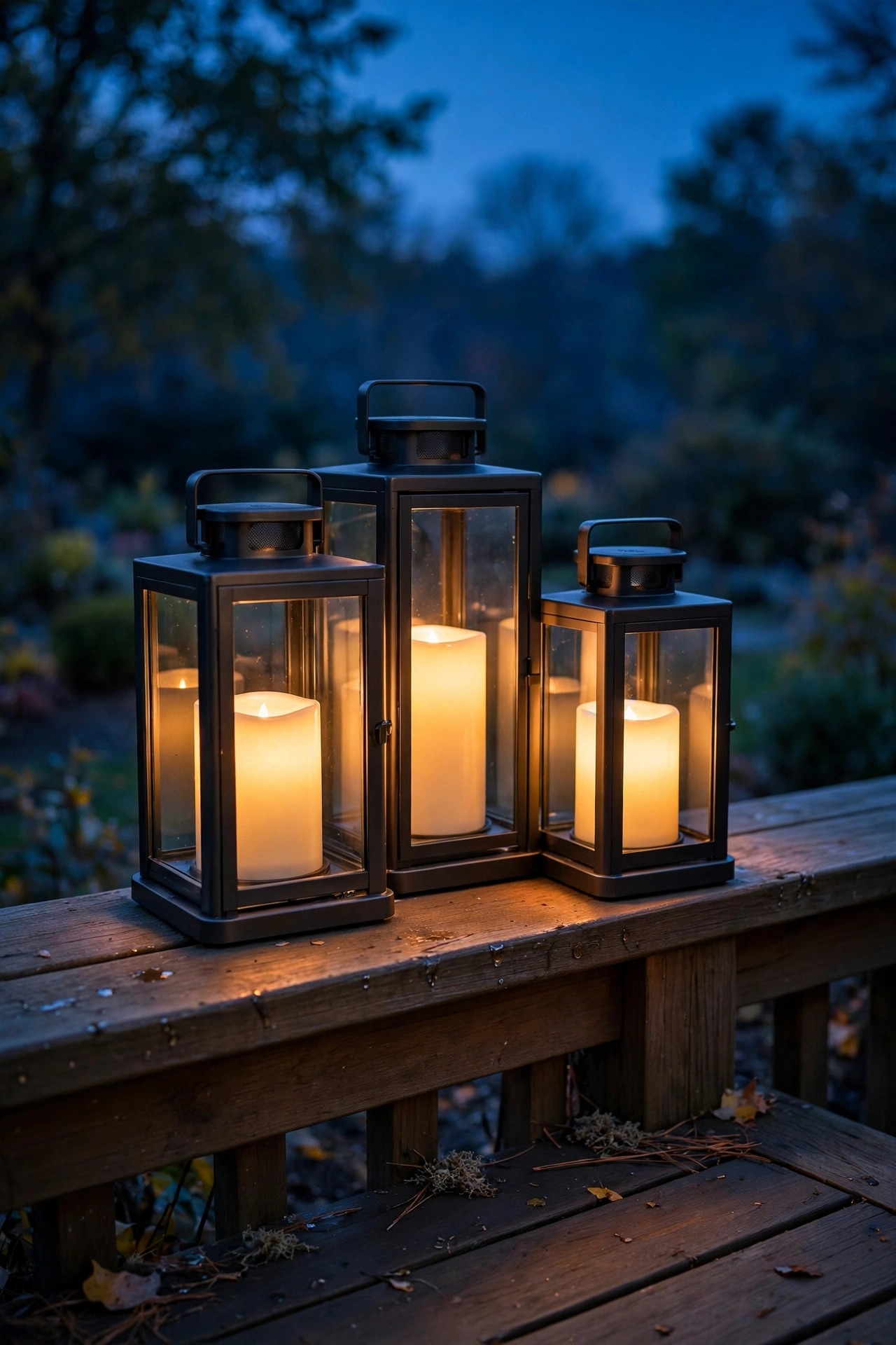 Three smart lanterns with flameless candles clustered on a deck railing glowing warmly at dusk