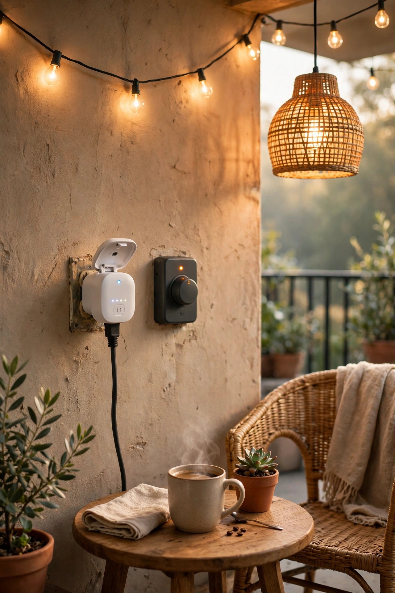 Outdoor smart plug and dimmer controlling balcony string lights and pendant in a morning coffee scene