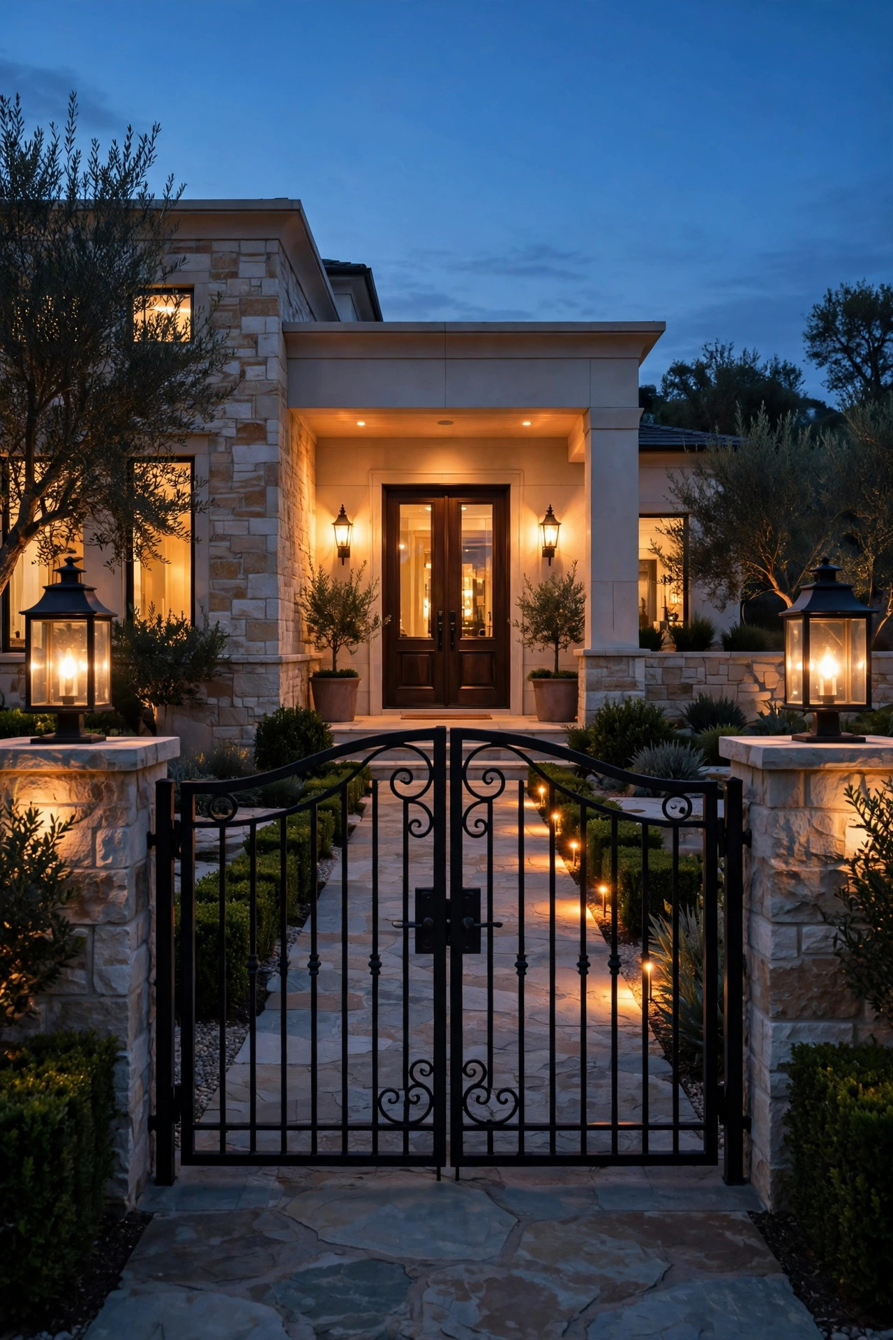 Luxury home entry glowing in a preset evening scene with walkway gate and porch lights on together at dusk