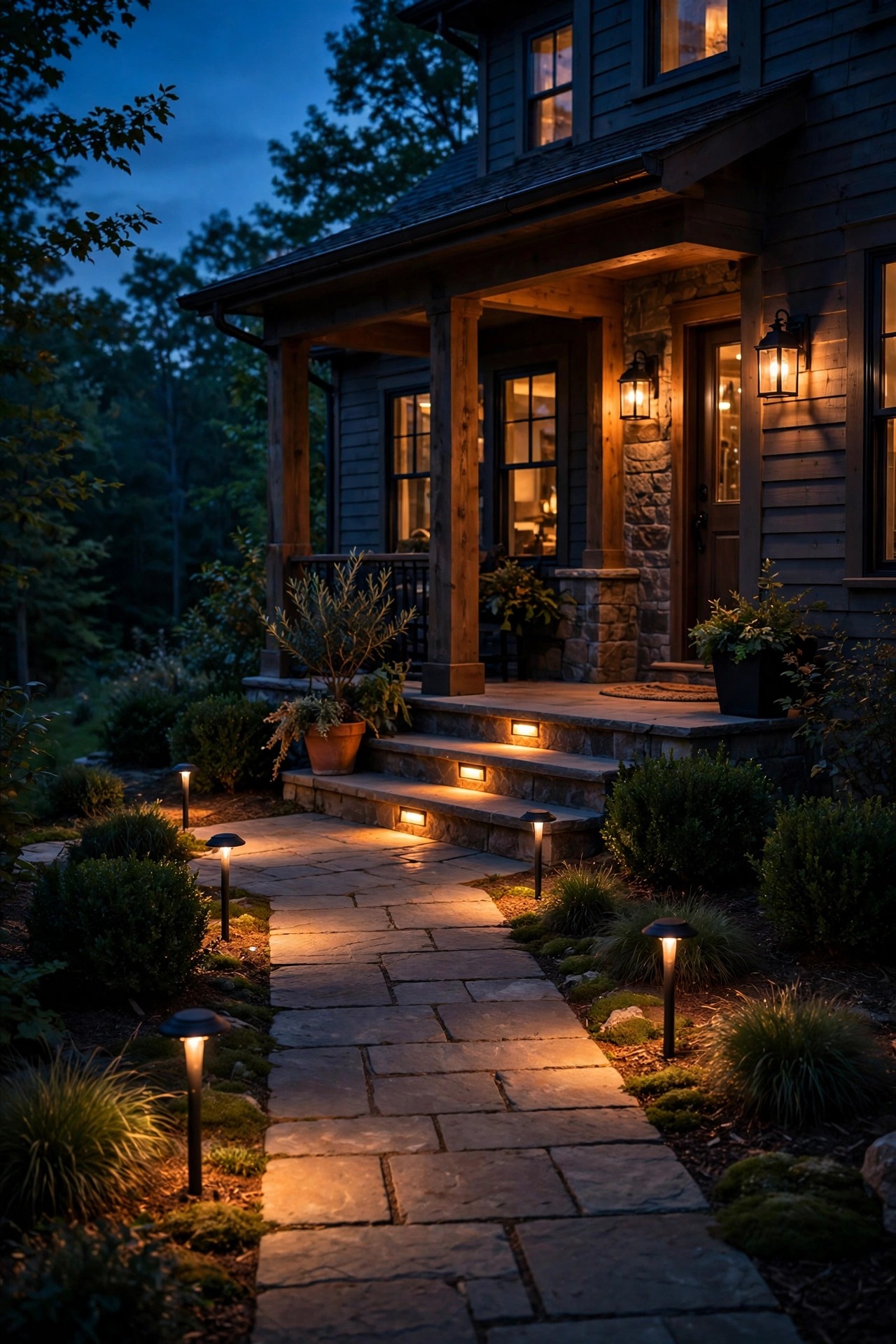 Warm path and step lights guiding a walkway to a front porch at night on an automatic timer